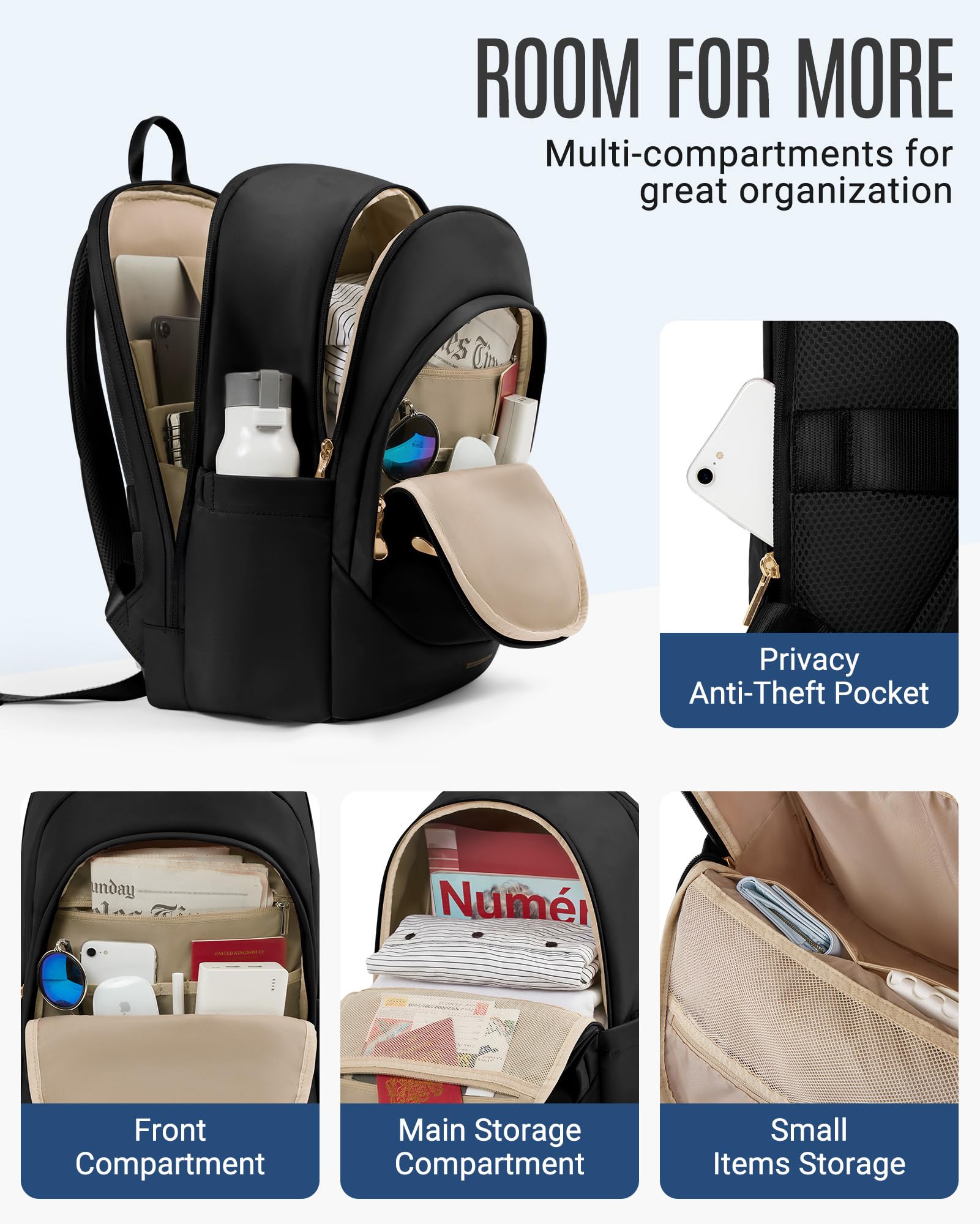 LIGHT FLIGHT Travel Backpack for Women, 15.6 Inch Laptop Backpack with USB Charging Hole, Water Resistant College Bookbag, Large Capacity Black Computer Backpacks for Work, Black: 15.6 Inch 01-black