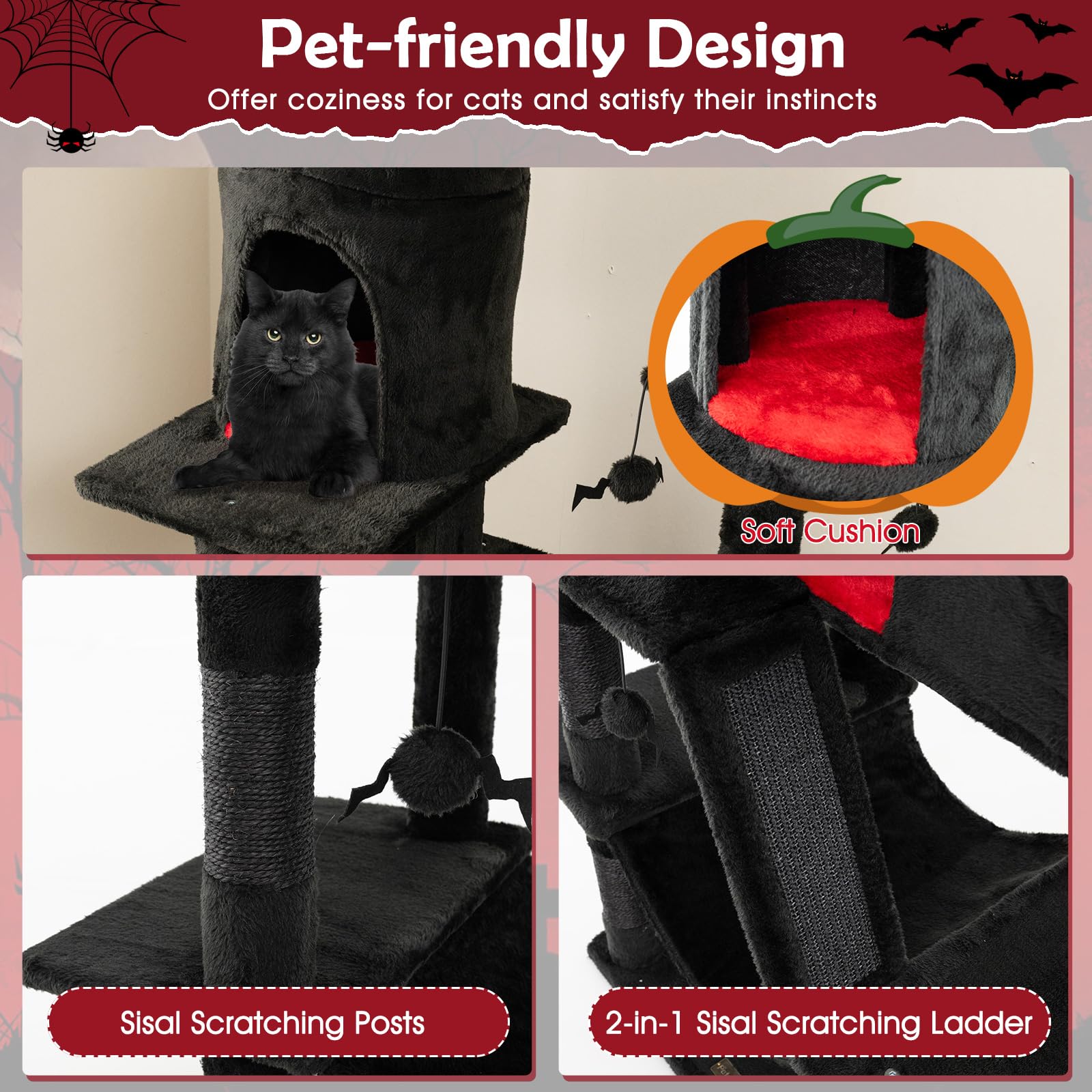 PETSITE 67 inch Tall Gothic Cat Tree, Multi-Level Halloween Cat Tree with Scratching Posts and Ladder, Cat Condos, Spooky Dangling Balls, Hammock, and Basket Bed, Goth Cat Tree for Indoor Cats, Black