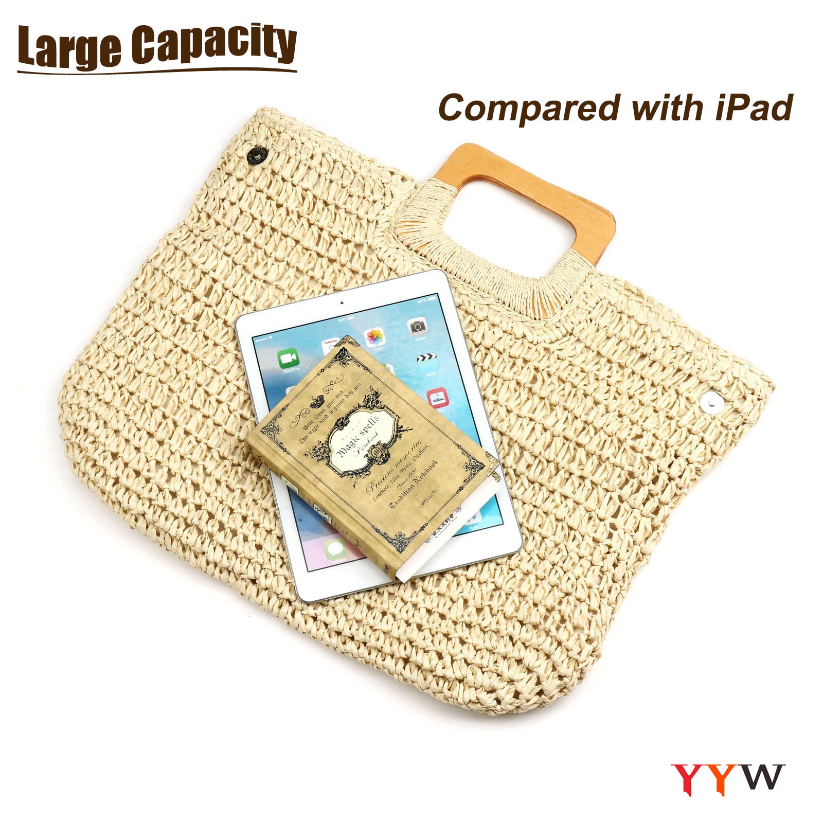YYW Straw Tote Bag Women Hand Woven Large Casual Handbags Hobo Straw Beach Bag with Lining Pockets for Daily Use Beach Travel thumbnail 3