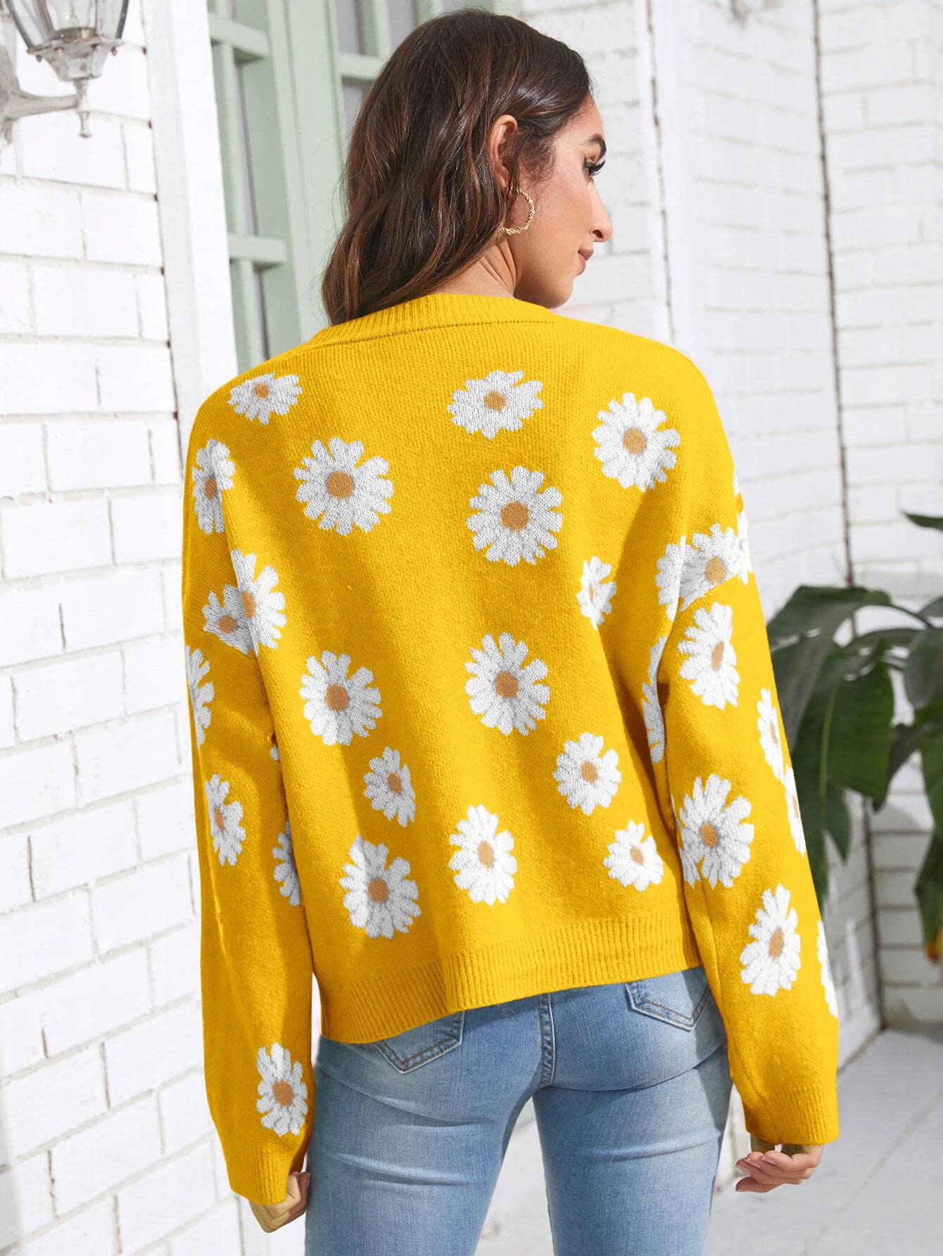 Women's Floral Print Cardigan Long Sleeve Open Front Button Down V Neck Knitted Sweaters