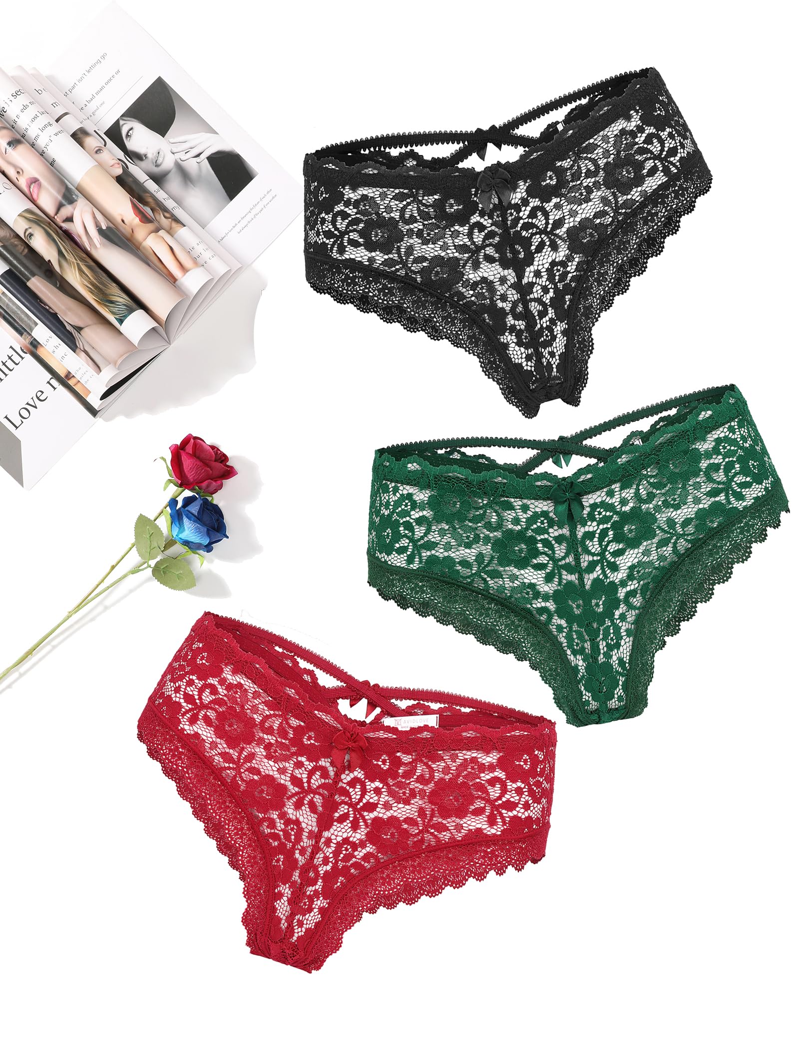 Avidlove Lace Cheeky Panties for Women Criss Cross Back Cute Floral Hipster Underwear: Black,dark Red,dark Green Small