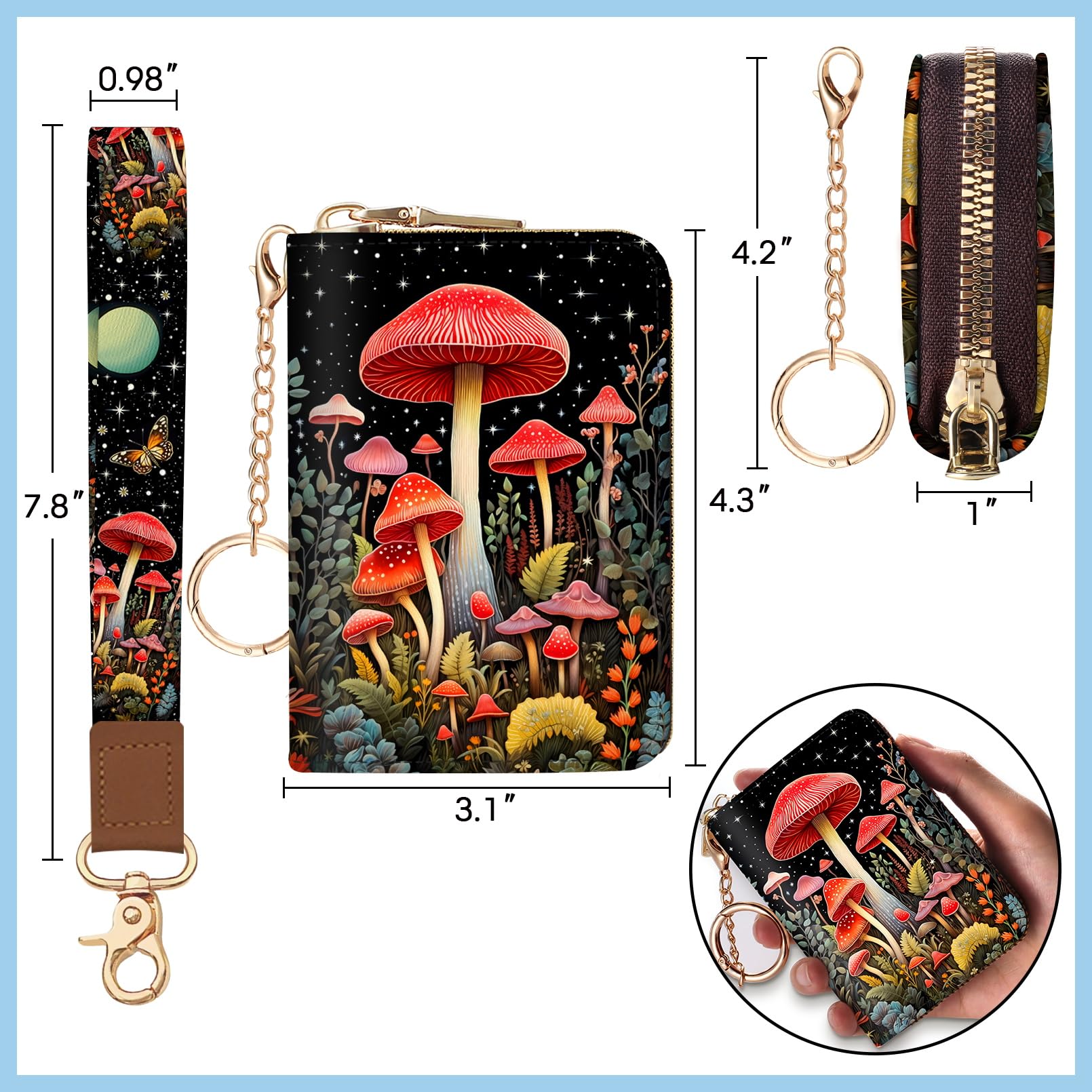 Blusabaca  Credit Card Holder for Women, Gothic Floral Small RFID Wallet with Zipper, Card Keychain Wallet, Leather Wallet Card Case, Business Accordion Wallet Gift: Wristlet Mushroom