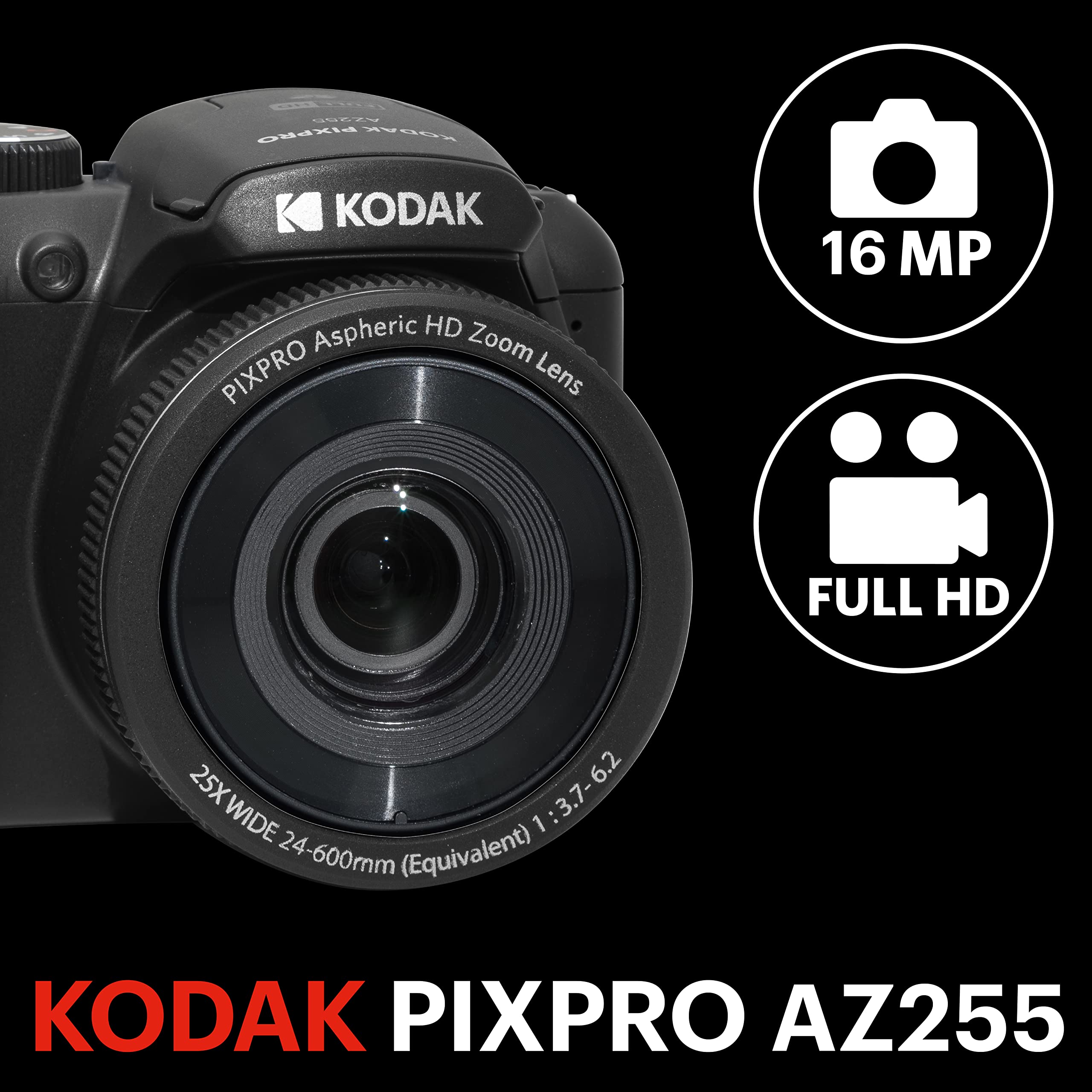 KODAK PIXPRO AZ255-BK 16MP Digital Camera 25X Optical Zoom 24mm Wide Angle Lens Optical Image Stabilization 1080P Full HD Video 3" LCD Vlogging Camera (): Black