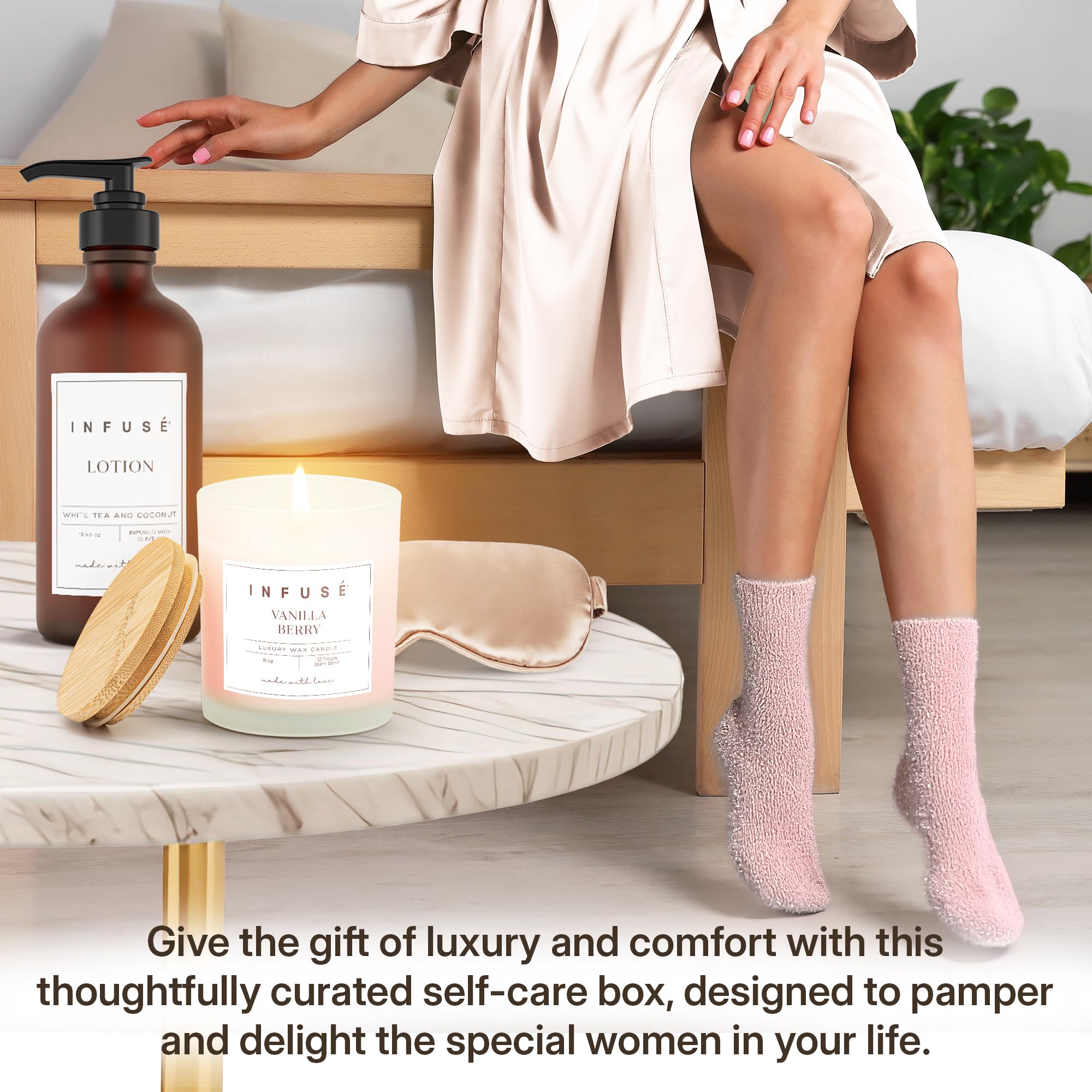 INFUSÉ 17-Piece Luxury Gift Set with Robe | Complete White Tea & Coconut Bath Collection | Self-Care Kit with Bath Bombs, Face Masks & Hair Care | Bridesmaid, Mom, Wife, Grandma or Loved Ones thumbnail 4