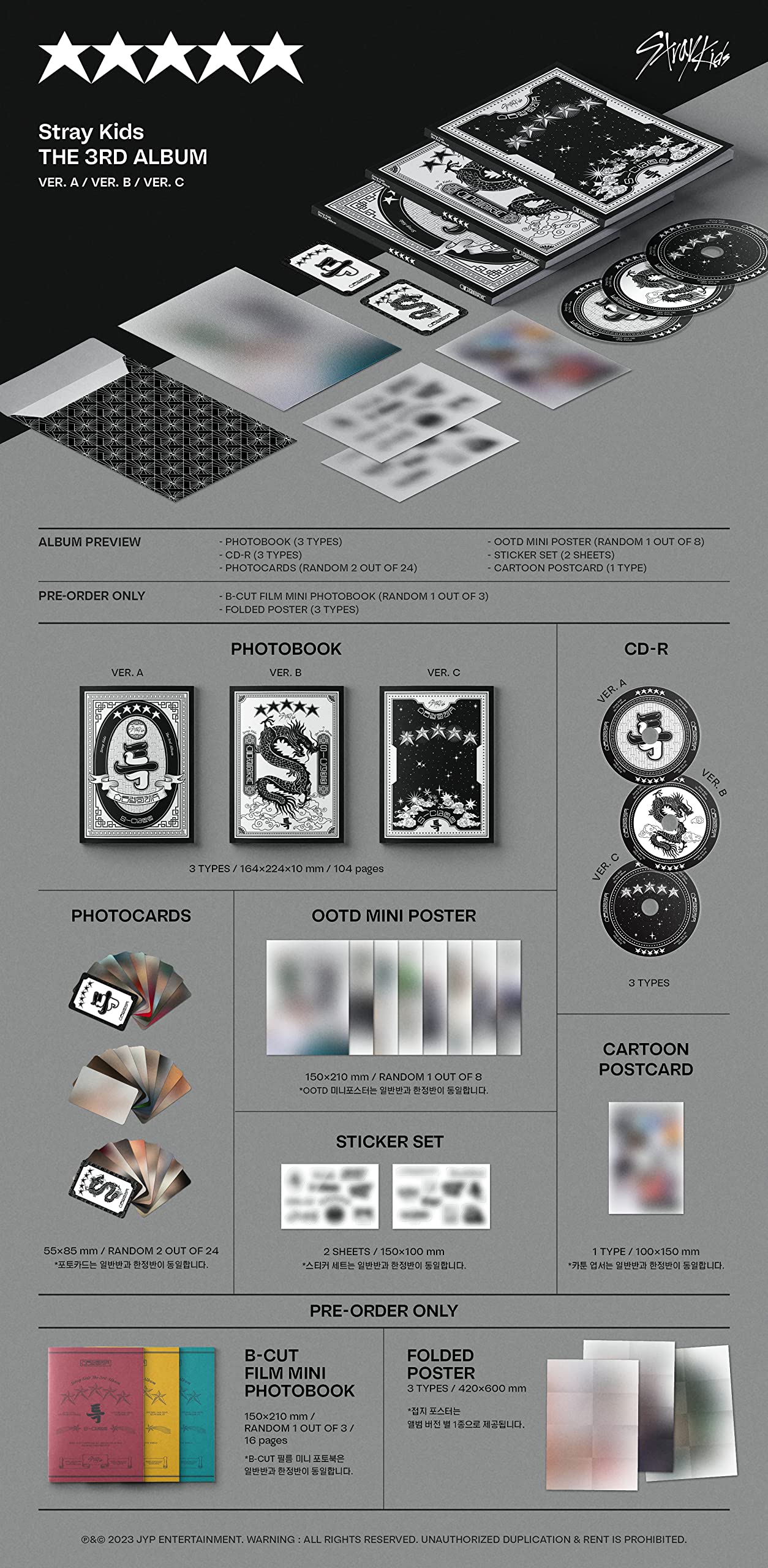 Stray Kids 5-STAR, The 3rd Album, CD + Photo Book + Mini Poster on Pack + Photo Card (Standard 3 Version Set (A+B+C))