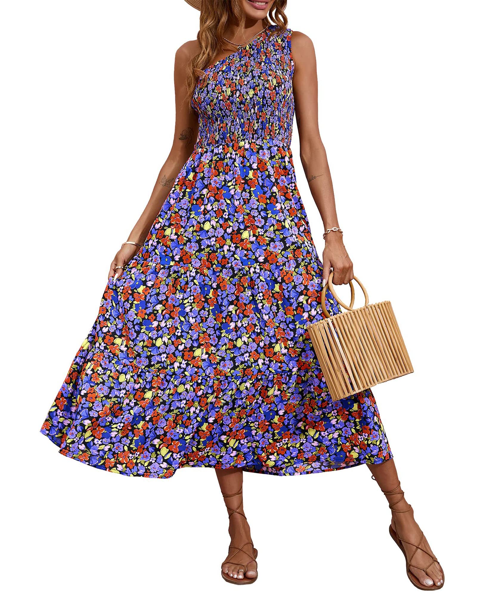 BTFBM 2025 Summer One Shoulder Dresses for Women Casual Sleeveless High Waist Floral Flowy Smocked Boho Beach Maxi Dress