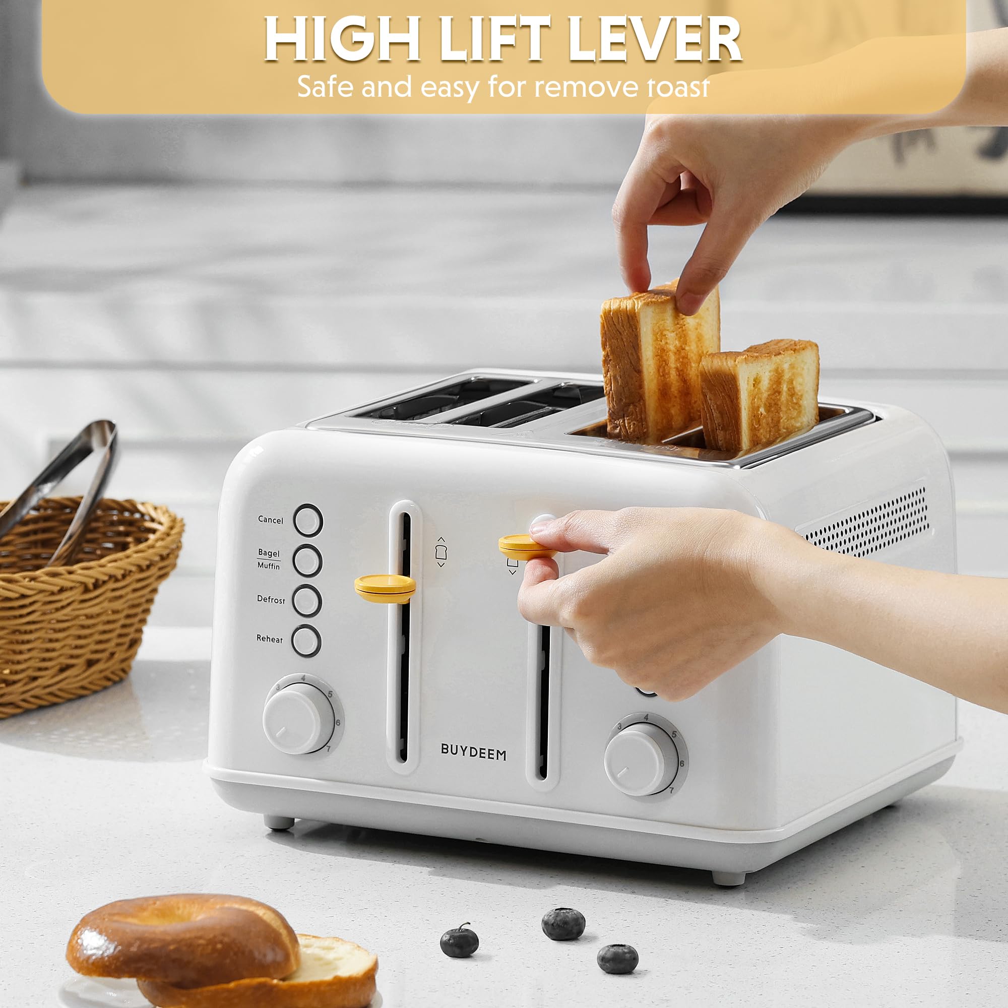 BUYDEEM DT640 4-Slice Toaster, Extra Wide Slots, Retro Stainless Steel with High Lift Lever, Bagel and Muffin Function, Removal Crumb Tray, 7-Shade Settings,Mellow Yellow