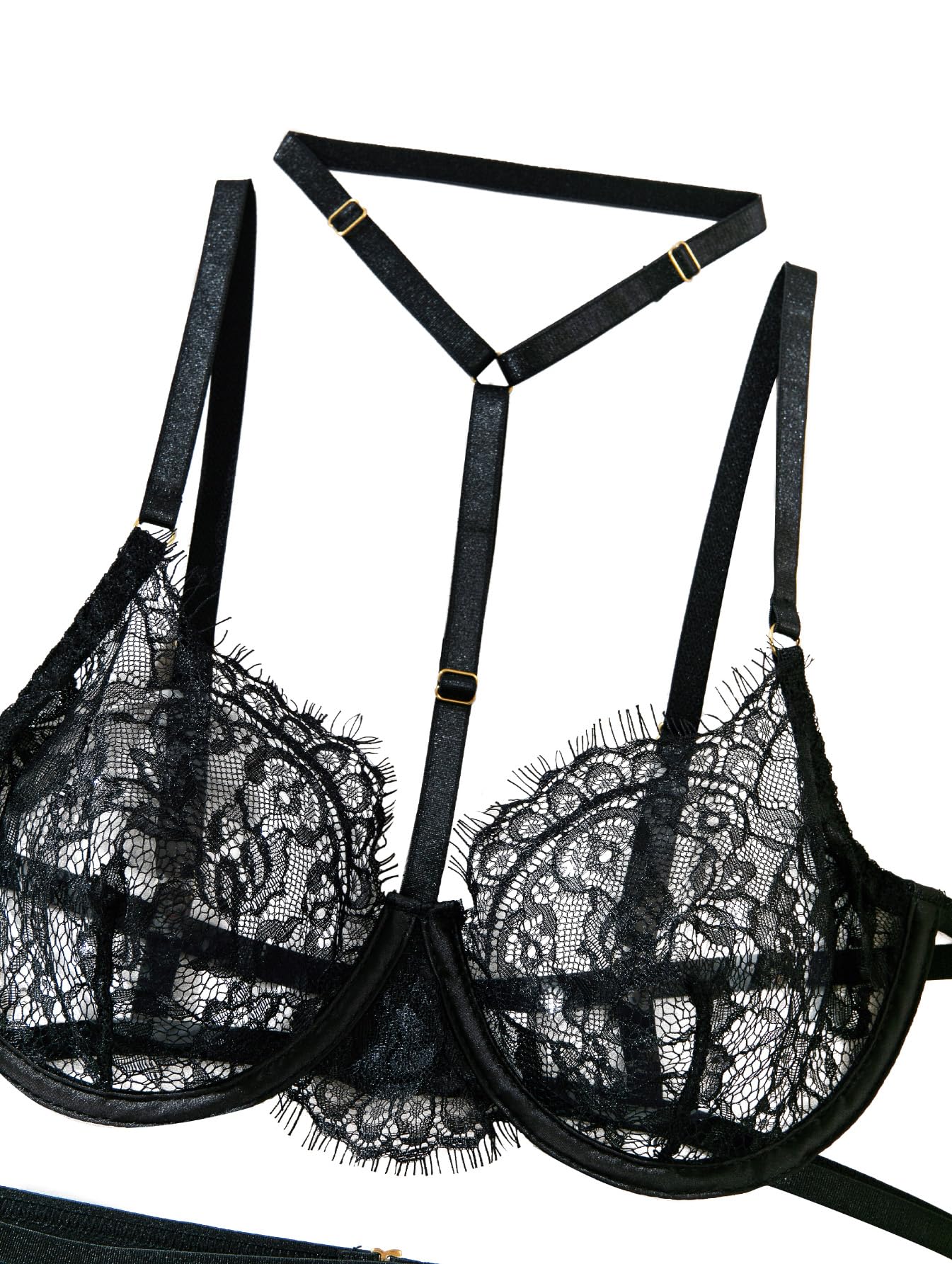 Lilosy Sexy Choker Floral Lace Underwire Push Up Garter Belt Lingerie Set for Women Sheer Bra and Panty 3 Piece: Small Eyelash Black