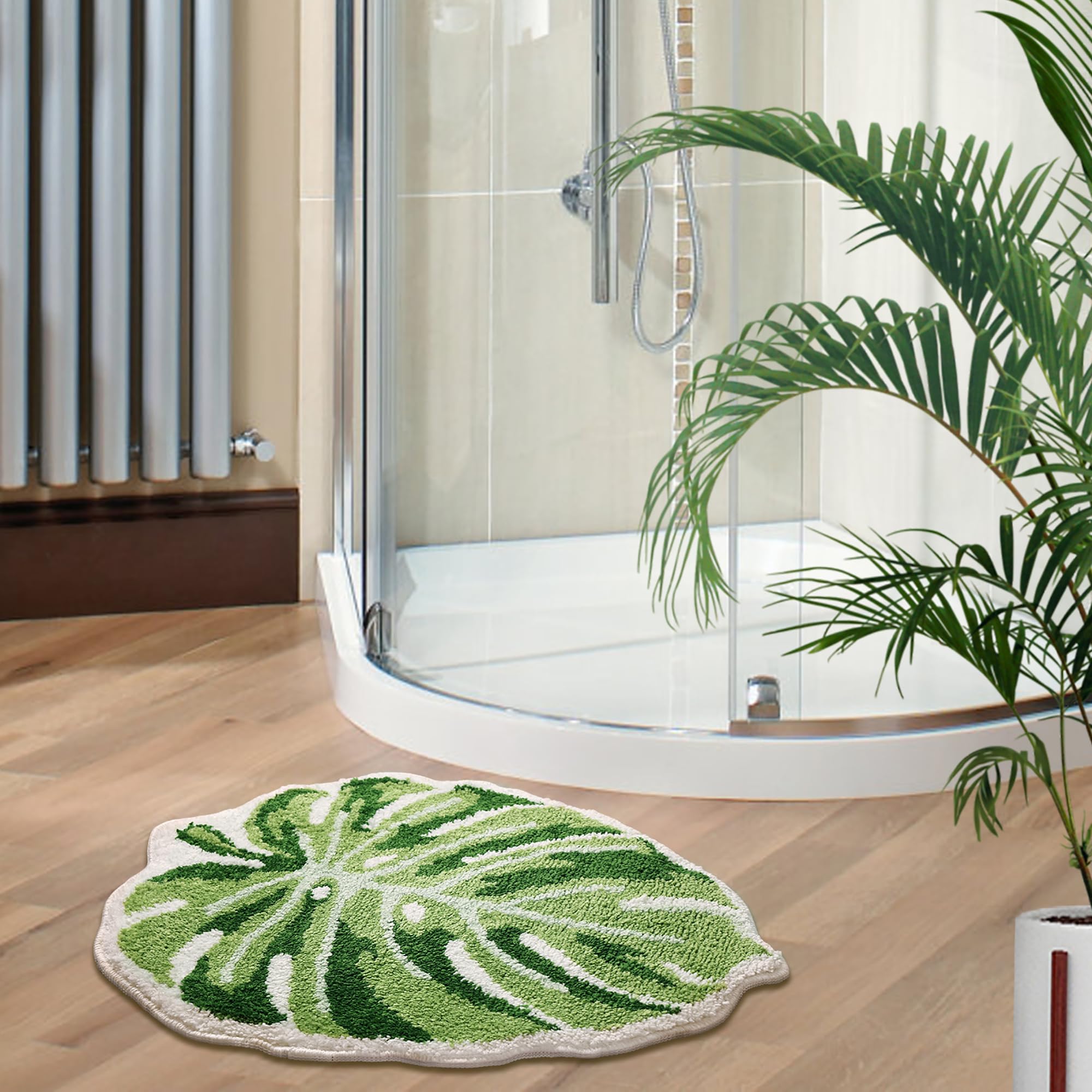 Panstar Green Leaf Mat, Large Monstera Cute Non Slip Palm Shaped Plush Fun Kitchen, Bathroom Bathtub Rugs Machine Washable: 1'8" x 2'2" (Leaf)