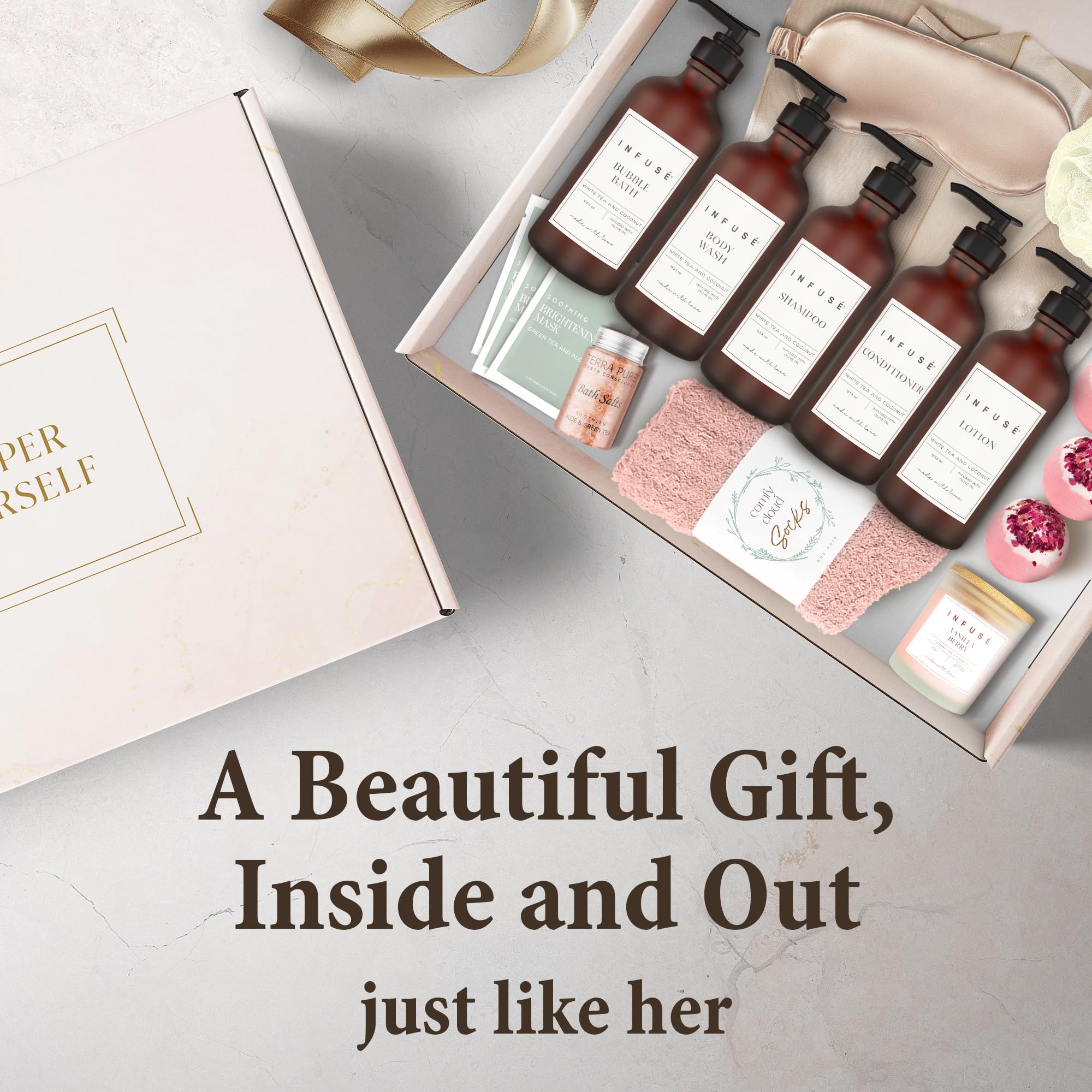 INFUSÉ 17-Piece Luxury Gift Set with Robe | Complete White Tea & Coconut Bath Collection | Self-Care Kit with Bath Bombs, Face Masks & Hair Care | Bridesmaid, Mom, Wife, Grandma or Loved Ones thumbnail 7