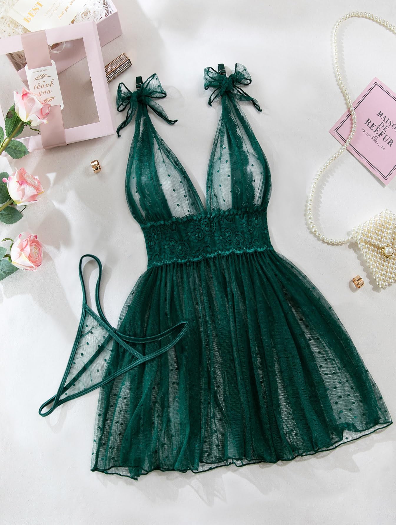 Lilosy Sexy Polka Dots Mesh Sheer Lace Babydoll Chemise Lingerie Set Floral Lace Sleep Wear: X-Large Army Green
