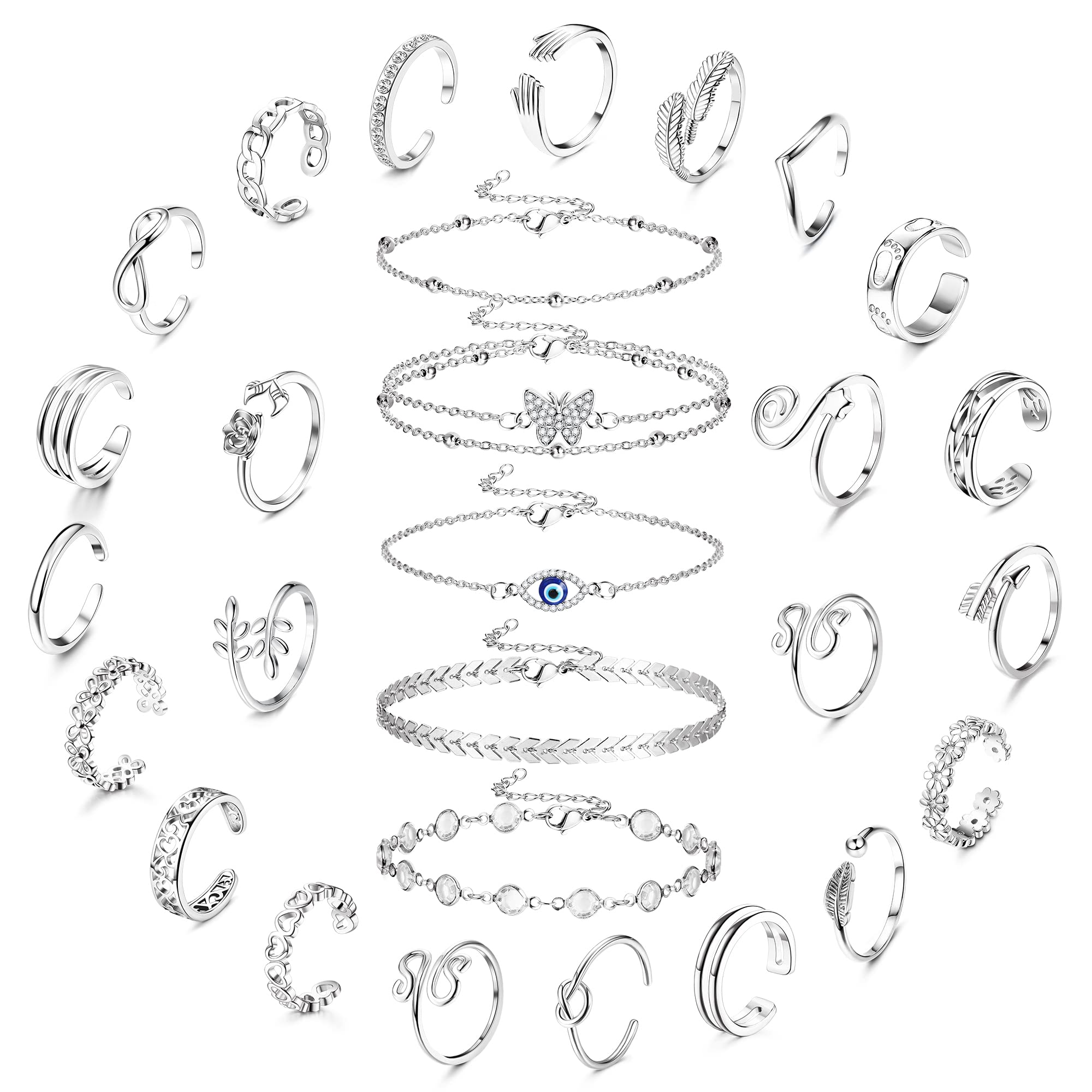 Sanfenly Anklets and Toe Ring Set for Women Silver Anklet Bracelets Open Adjustable Toe Ring Flower Wave Heart Tail Pinky Band Rings Summer Beach Foot Jewelry: Toe Rings+ Anklets