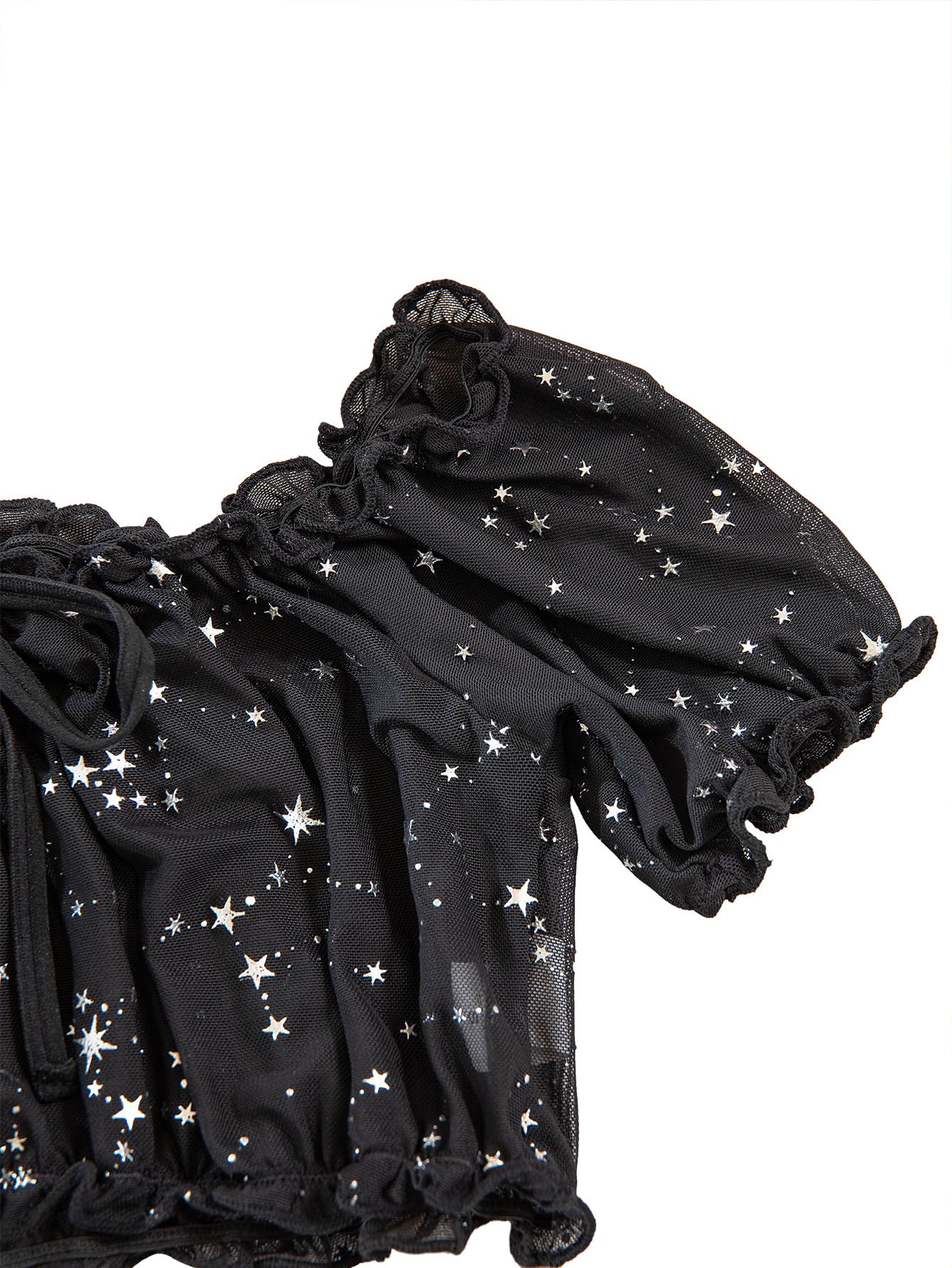 Lilosy Sexy Stretch Ruffle Tie Sheer Mesh Lingerie Set Outfits: X-Large Chiffon Star Black
