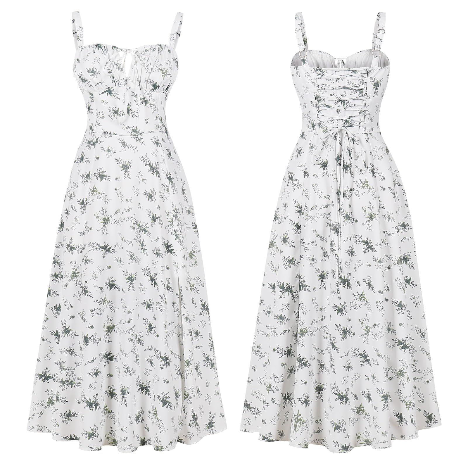 Floral Corset Dress, Formal Cocktail Dresses, Casual Sundress, Split Thigh Spaghetti Strap Vintage Dress: Medium Green Flower