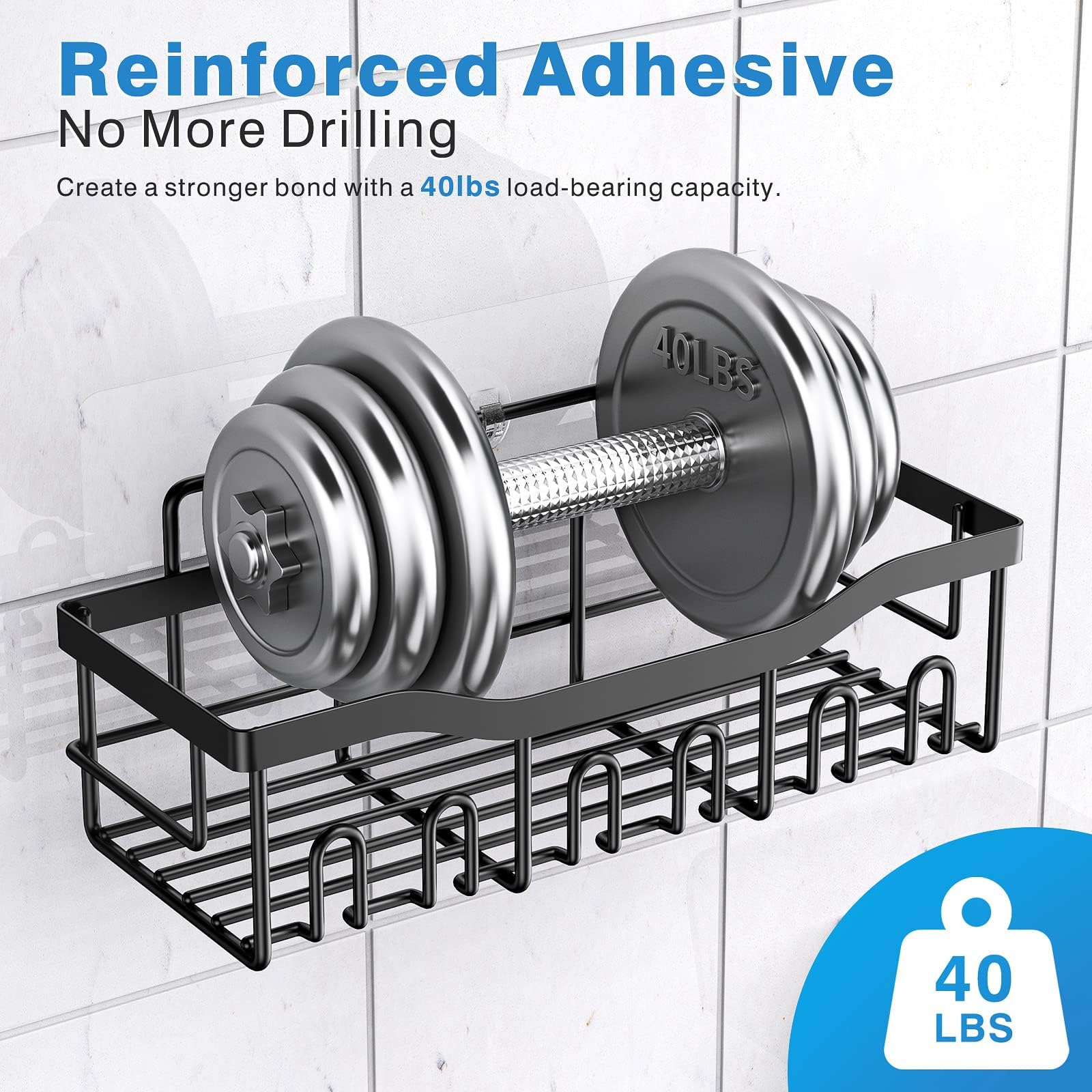Adhesive Shower Caddy, 5 Pack Rustproof Stainless Steel Bath Organizers With Large Capacity, No Drilling Shelves for Bathroom Storage & Home Decor: upgrade-5-piece set Black