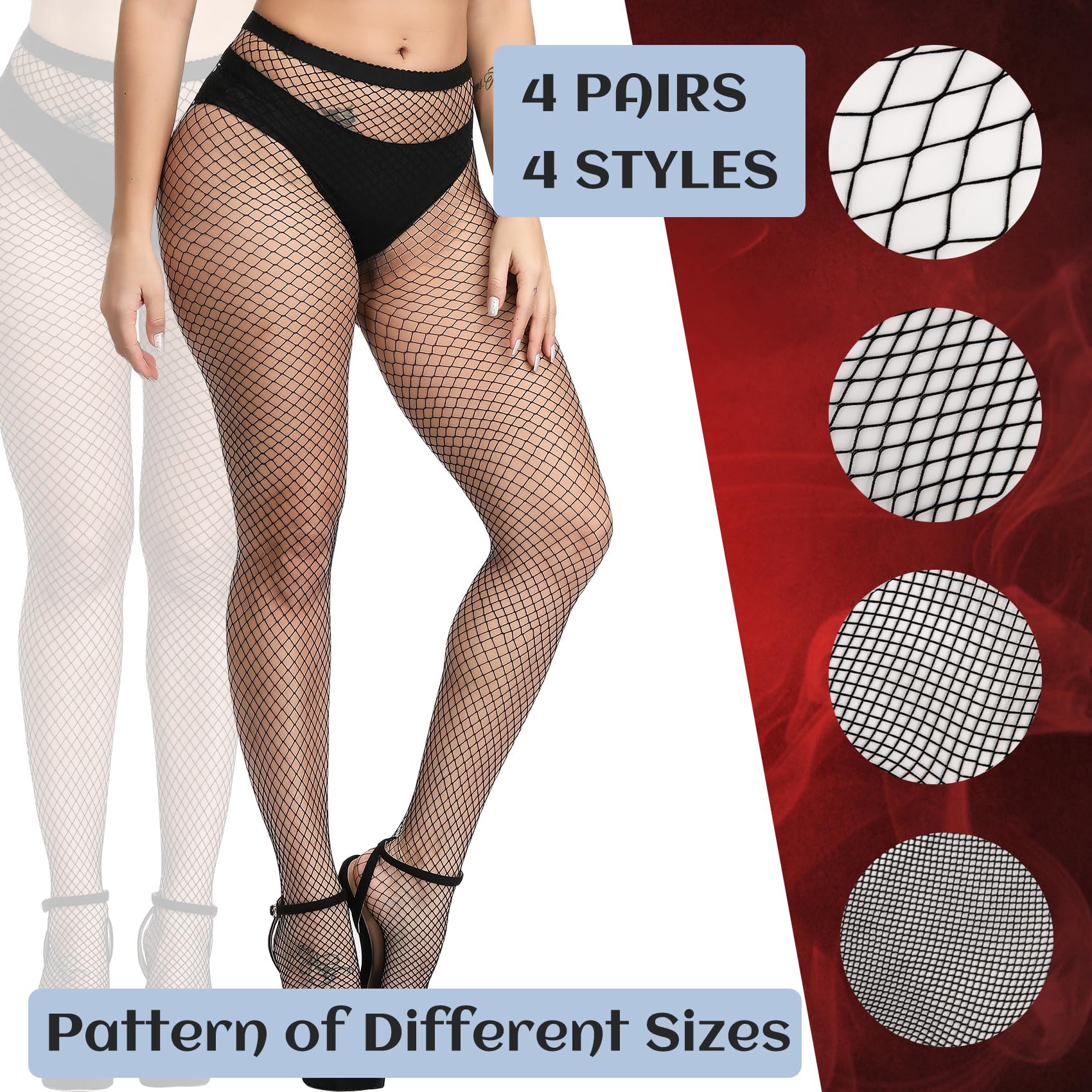 iCamter Plus Size Fishnet Stockings, Black Fishnet Tights Thigh High Stockings Suspender Pantyhose: One Size Black Style 1 (4 Pack)