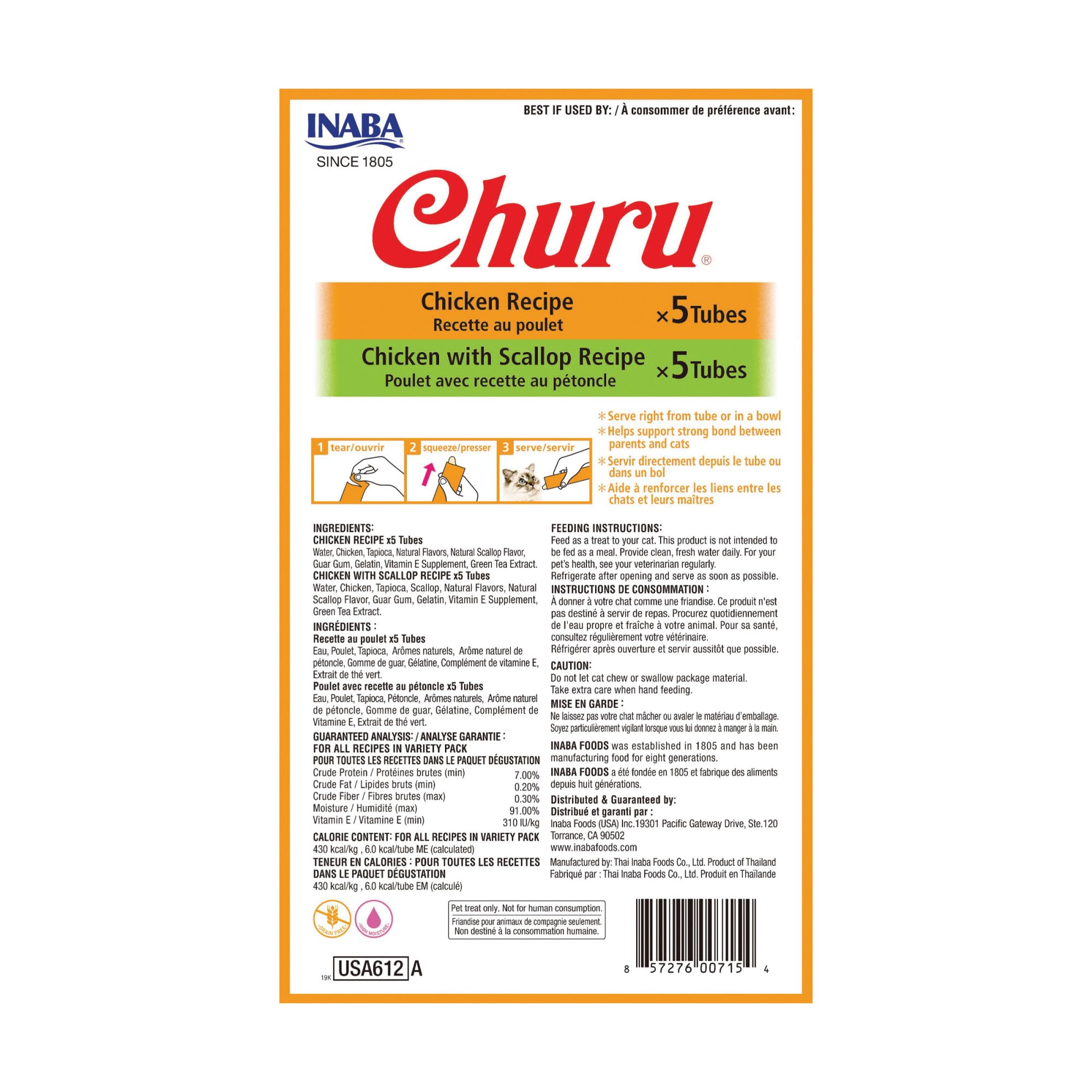 INABA Churu Cat Treats, Grain-Free, Lickable, Squeezable Creamy Purée Cat Treat/Topper with Vitamin E & Taurine, 0.5 Ounces Each Tube, 50 Tubes, Tuna & Chicken Variety: Chicken Variety 0.5 Ounce (Pack of 10)