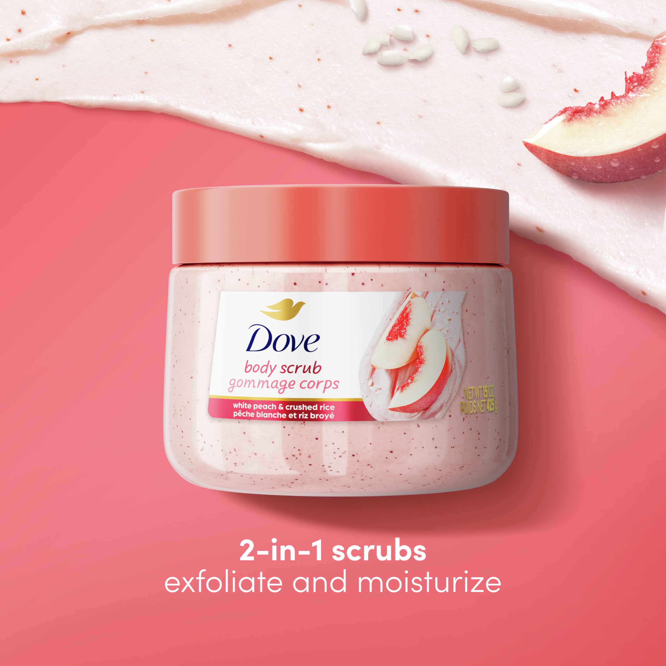 Dove White Peach & Crushed Rice Body Scrub Exfoliates and Deeply Nourishes for Smooth, Radiant Skin 15 oz: White Peaches &amp; Crushed Rice 15 Ounce (Pack of 1)