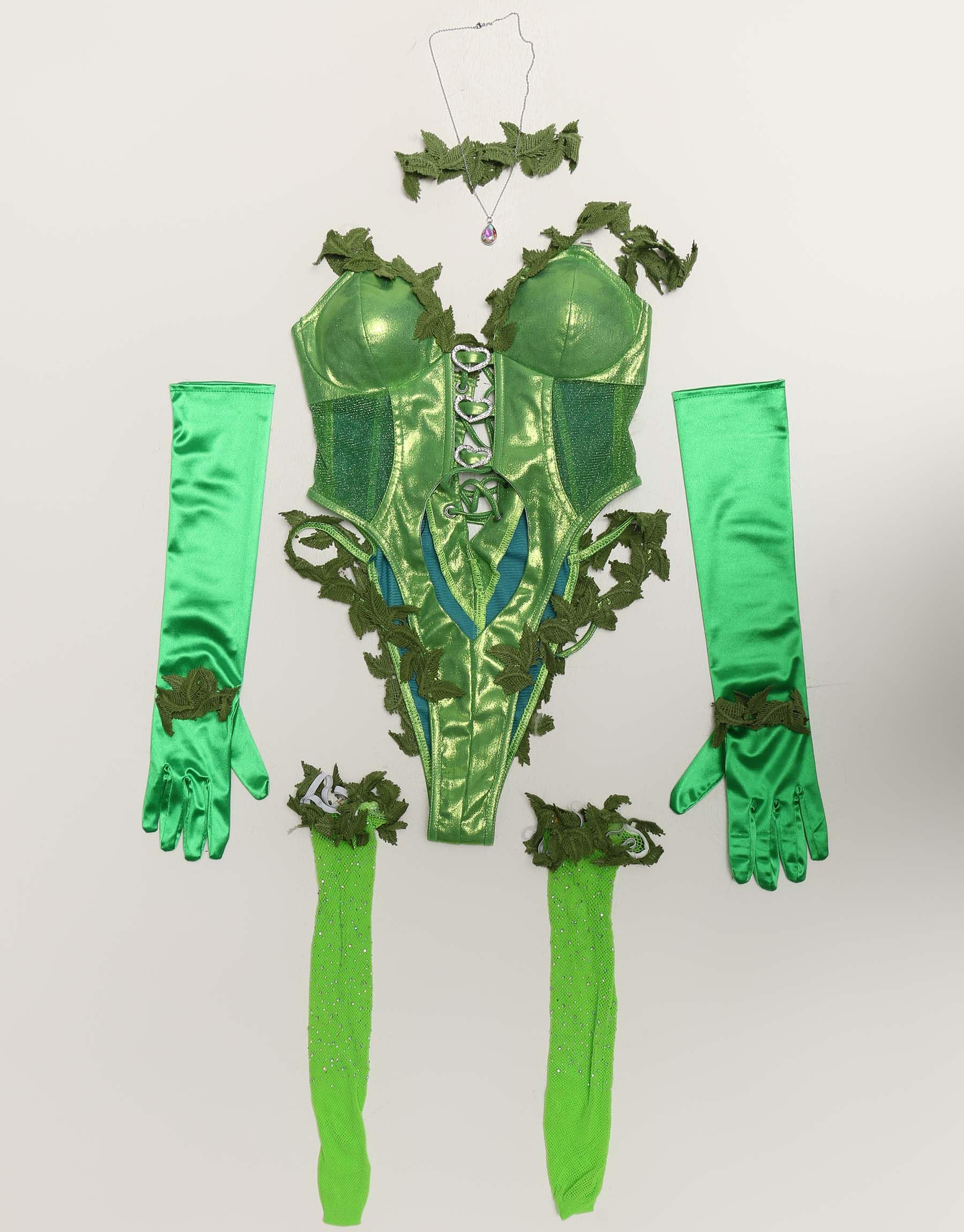 Mobbunny Women Anime Cosplay Costume Green Vine Style Outfit Sexy Lingerie Bodysuit Bodycon with Socks Gloves Choker: Small Green