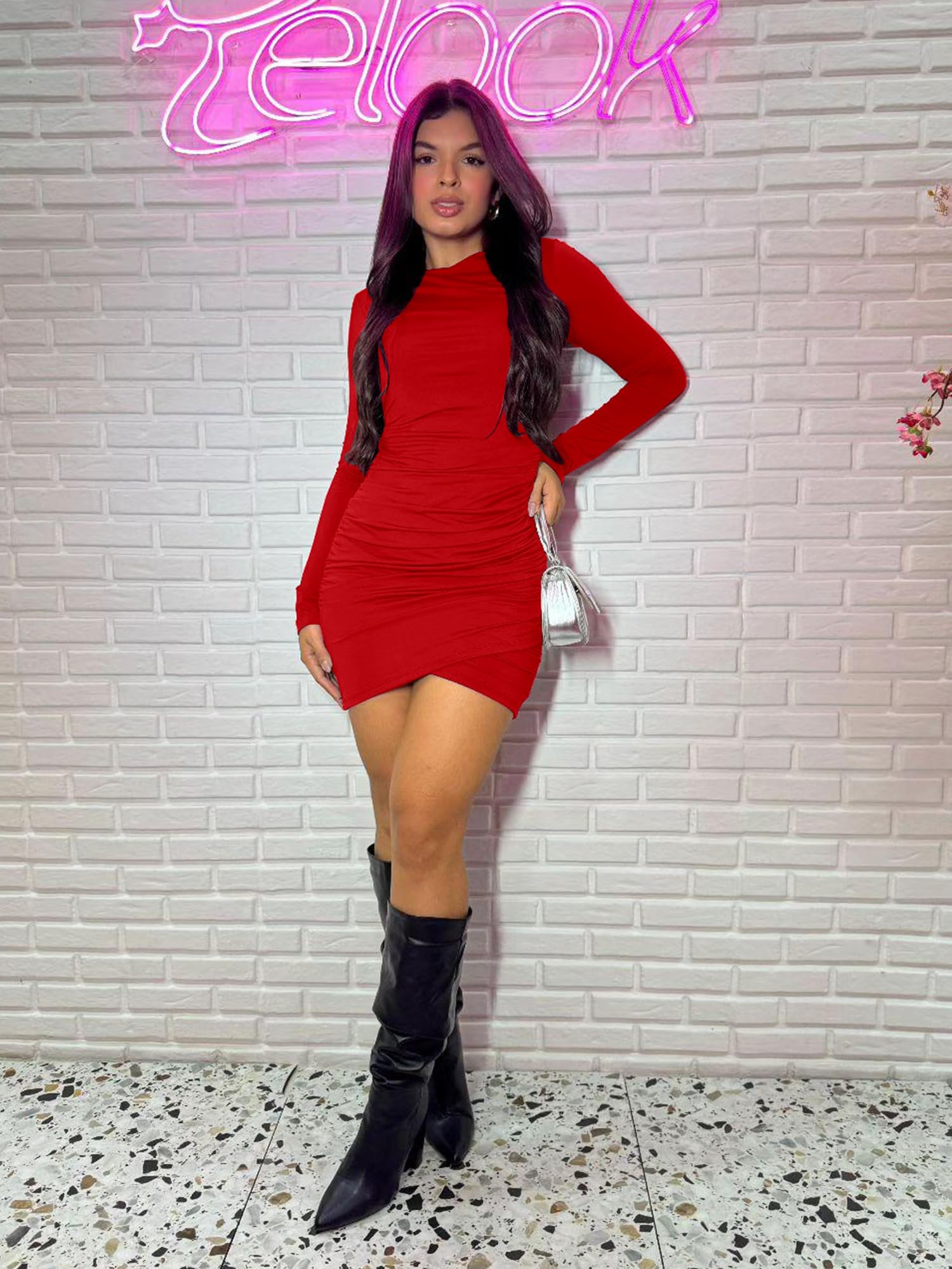 BORIFLORS Women's Sexy Wrap Front Long Sleeve Ruched Bodycon Mini Club Dress thumbnail 6