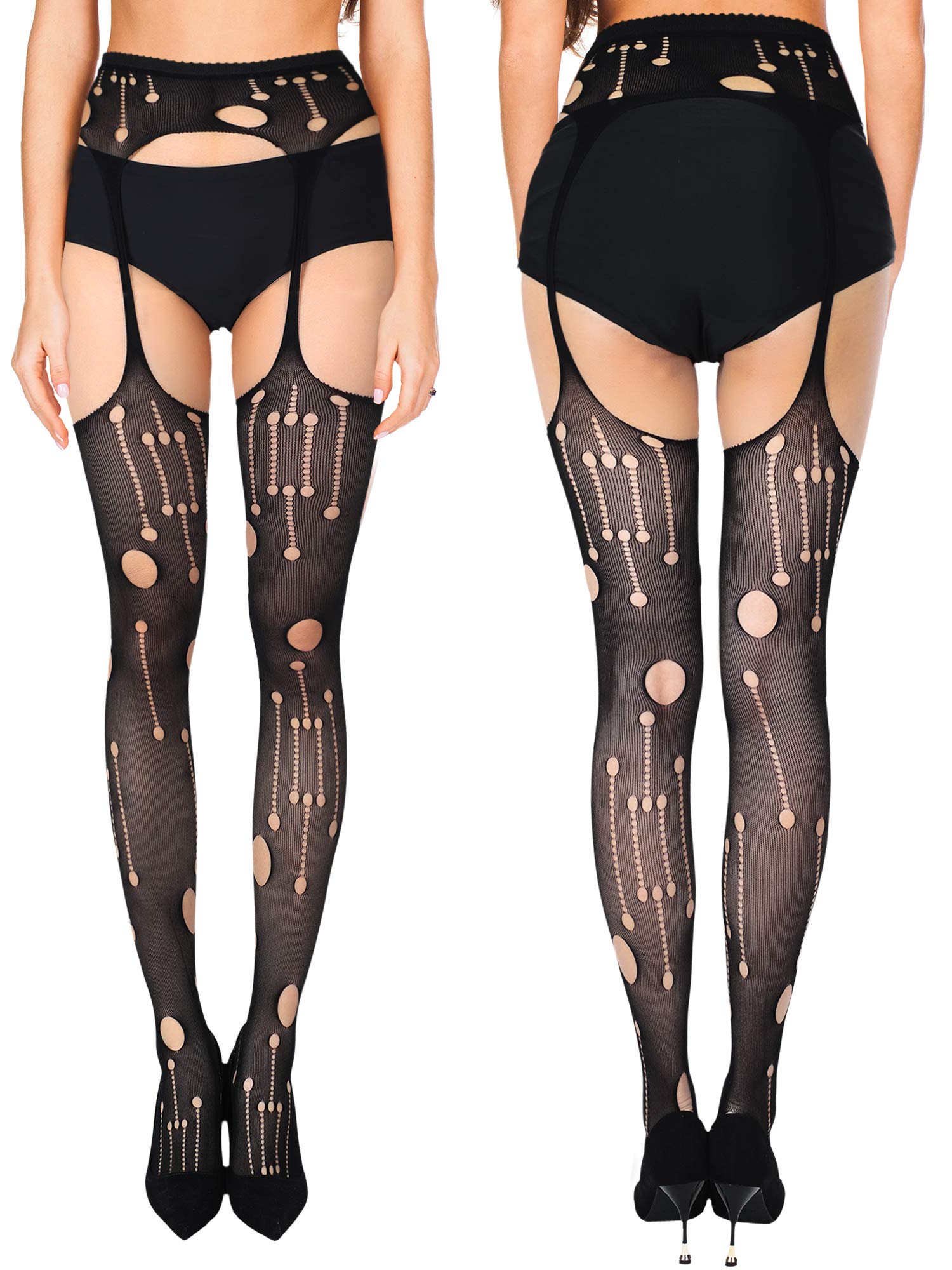 6 Pairs Women Fishnet Thigh High Stockings Garter Belts and Suspender Pantyhose Stockings for Halloween (Classic, Black,Medium): Skylety 6 Pairs Women Suspender Pantyhose Stockings Tights Stretchy High Stockings for Dress up Favors (Black,Large - X-Large)