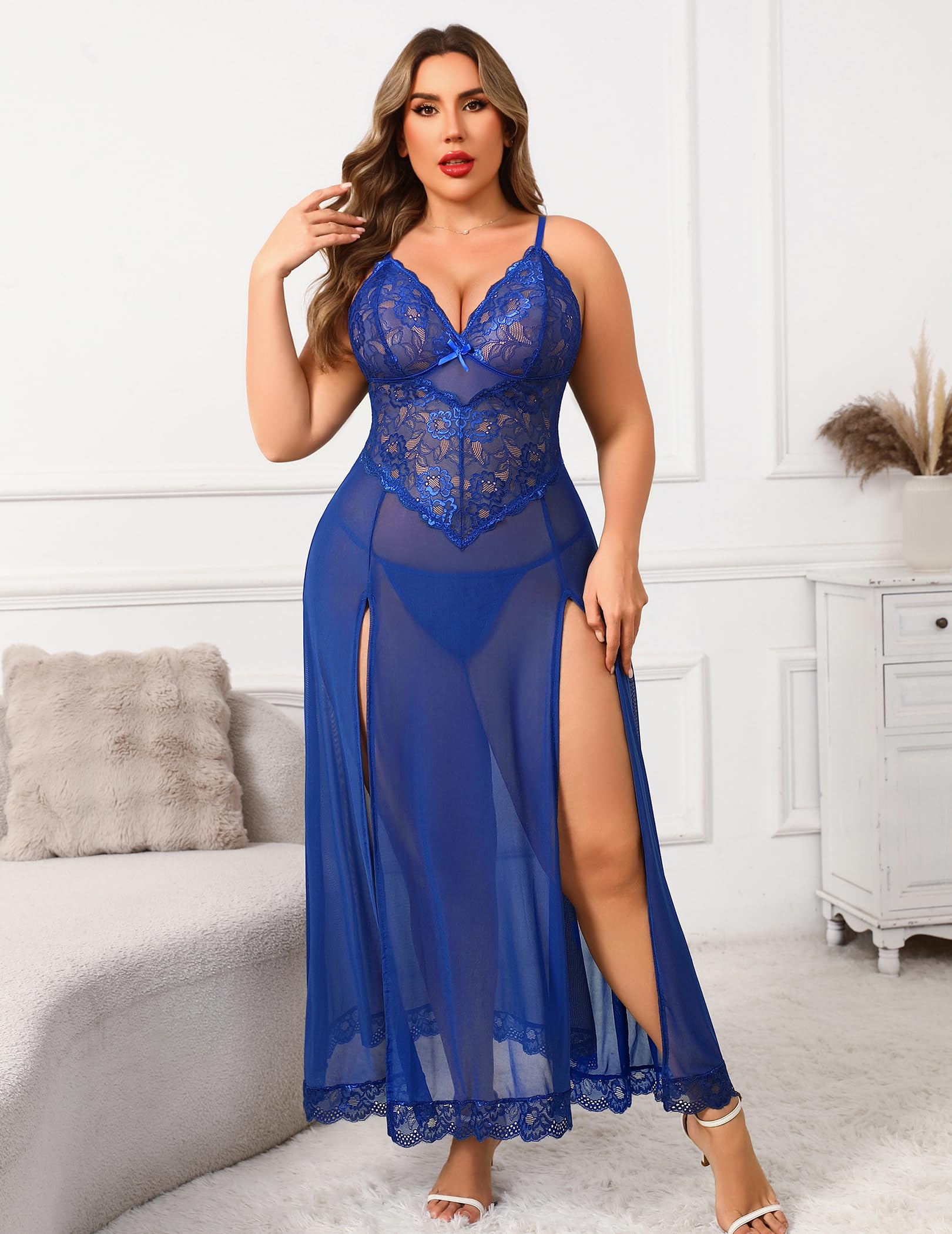 Avidlove Plus Size Lingerie for Women Sexy Lace Babydoll Long Lingerie Dress Side Split Nightgown: Blue X-Large