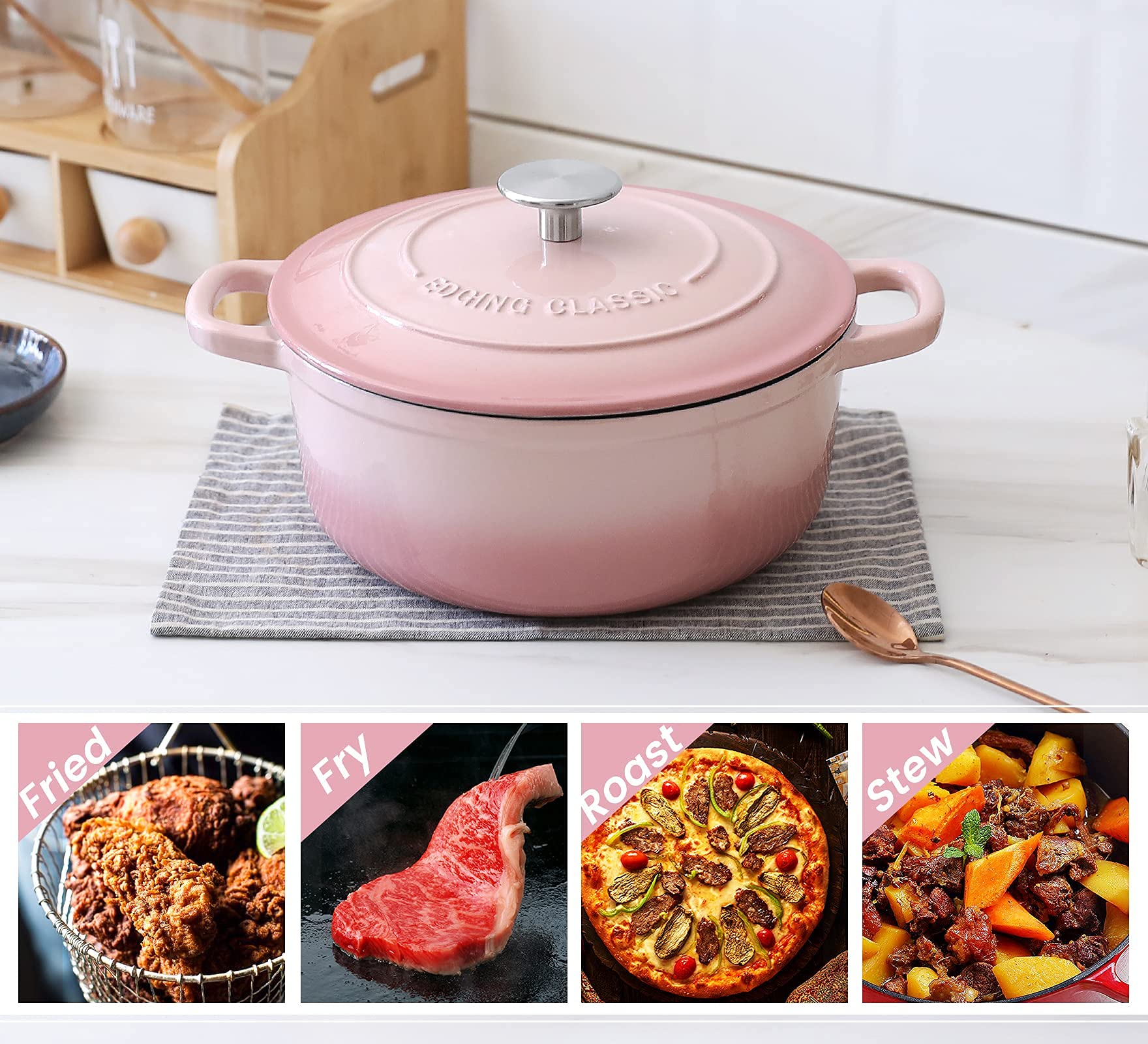 EDGING CASTING Enameled Cast Iron Covered 5.5 Quart Dutch Oven with Dual Handle, Dutch Ovens with Lid for Bread Baking, Pink: 5.5QT Pink