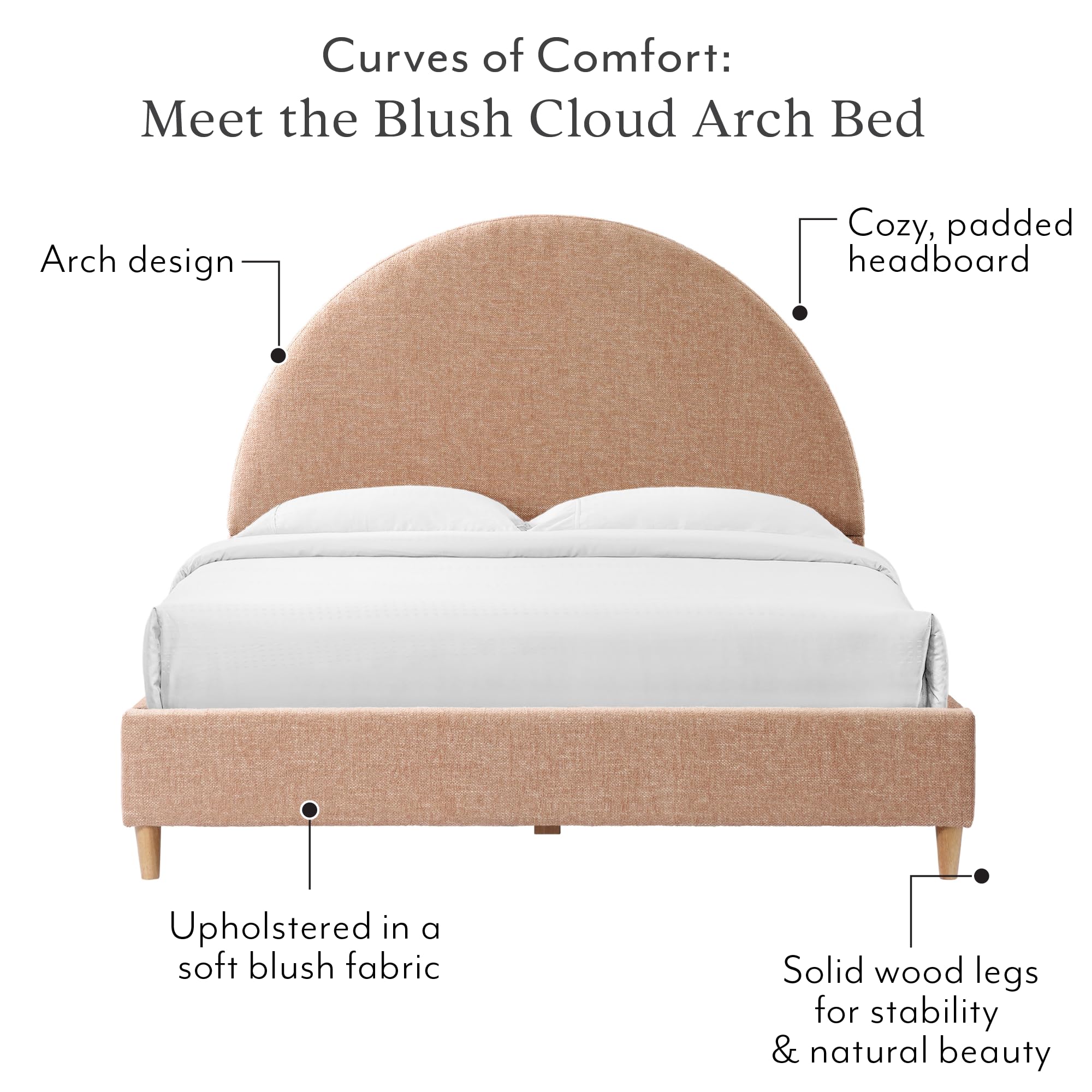 DG Casa Boucle Cloud Bed Frame with Arch Shaped Headboard, Upholstered in Soft Fabric, Platform Bed Frame with Solid Wood Legs - Boho or Modern Style - No Box Spring Needed - Queen Size