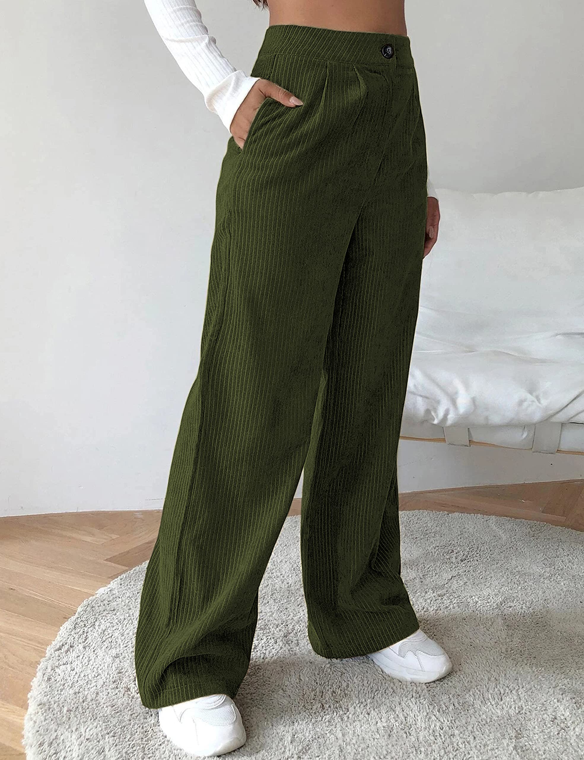 Himosyber Corduroy Pants for Women Casual Elastic High Waist Stretchy Wide Leg Pants Loose Fit Comfy Trousers with Pockets thumbnail 5