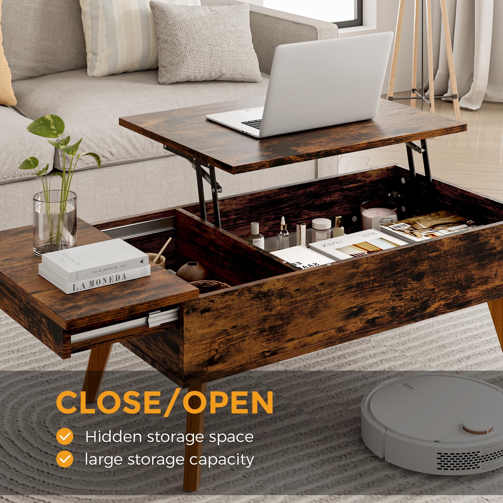 Bidiso Lift Top Coffee Table - Ten Minute Install Center Table with Hidden Storage, Rising Tabletop for Living Room,: Rustic Brown