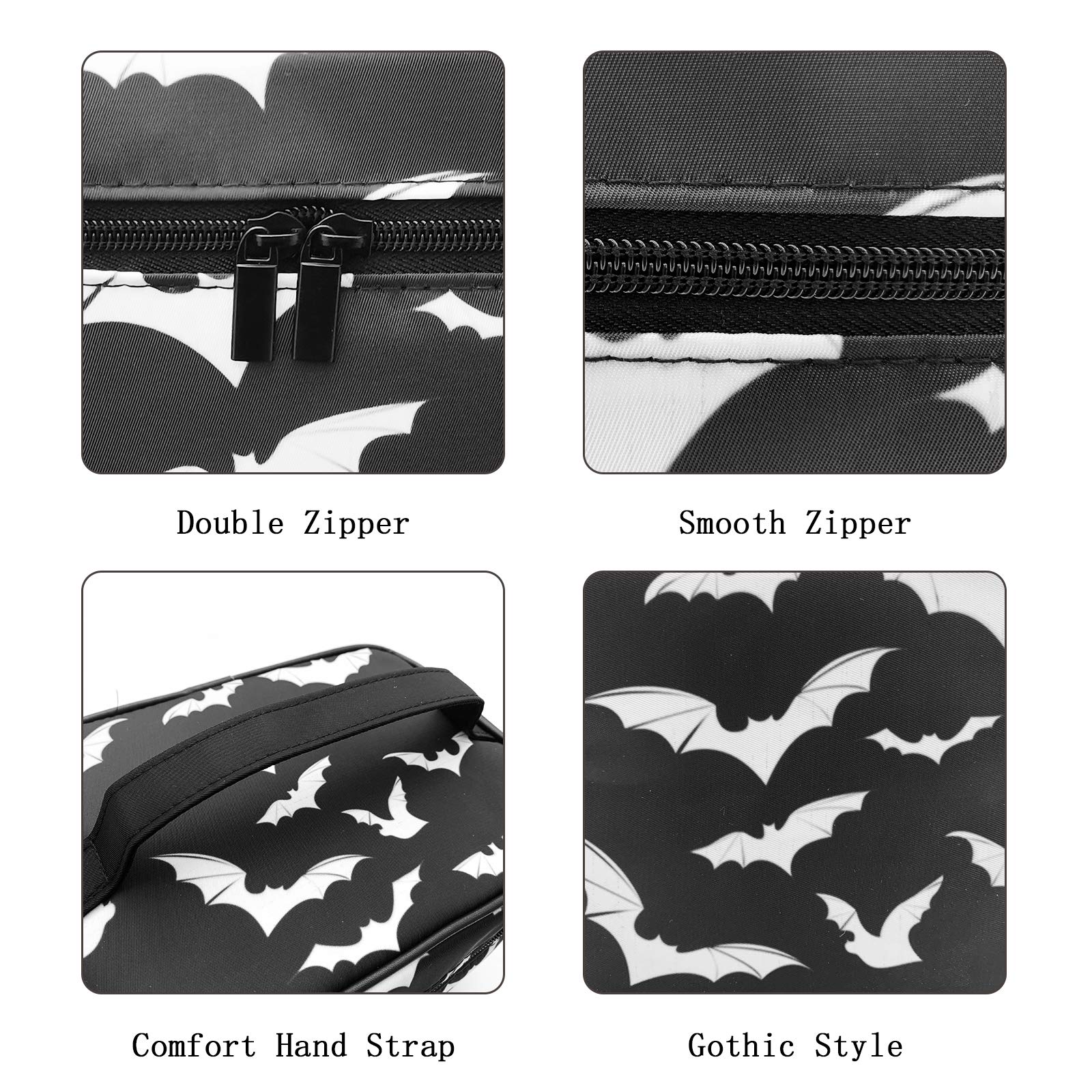 9CH Goth Makeup Organizer Bag, Halloween Makeup Bags Large Cosmetic Bag with Adjustable Dividers Portable Bat Cosmetic Case for Make up Brushes Toiletry Jewelry（Black Bats） thumbnail 4