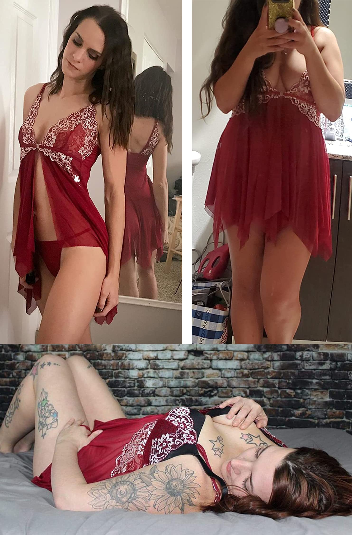 ADOREJOY Lingerie for Women Front Closure Babydoll Lace Chemise V Neck Mesh Sleepwear: Medium A Wine Red
