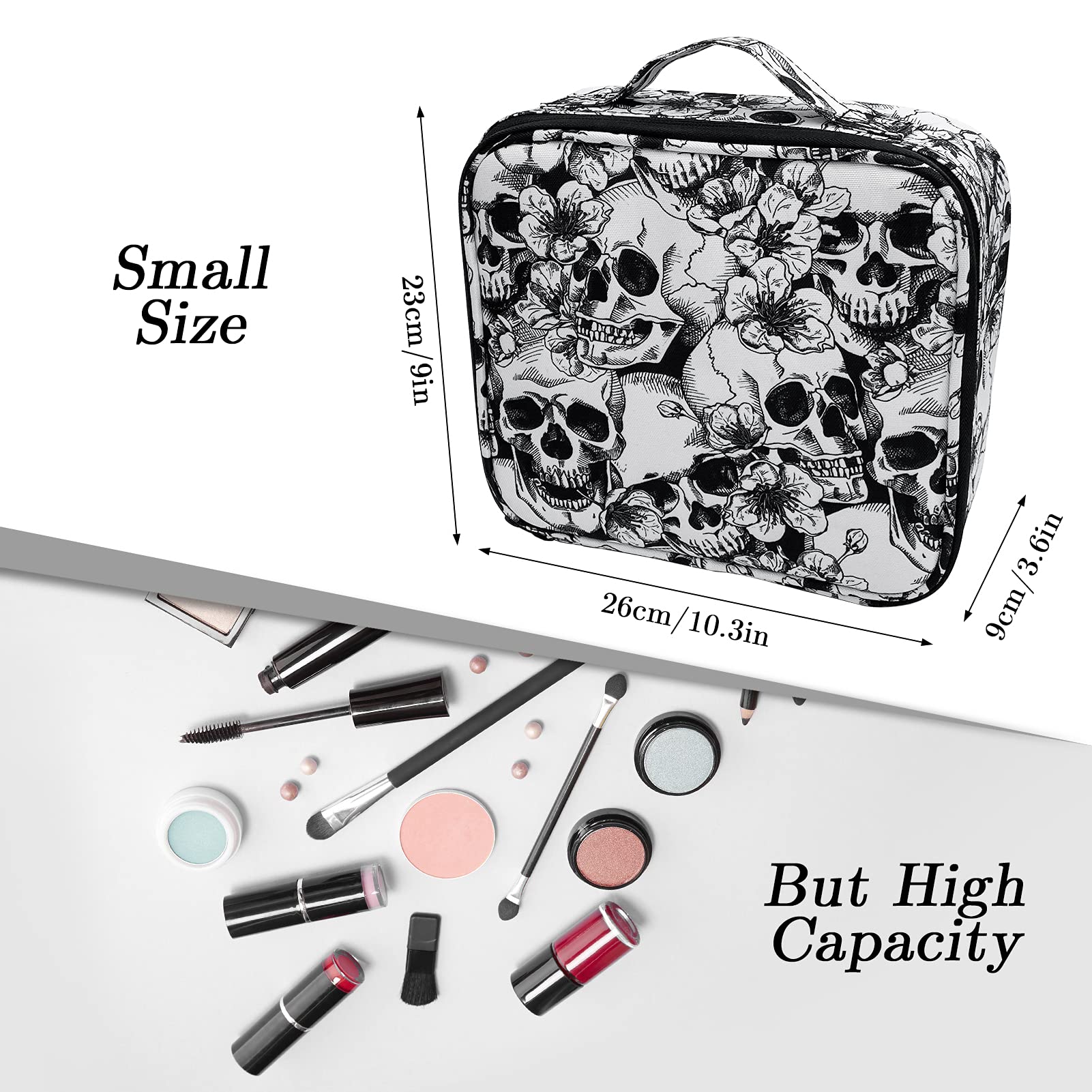 9CH Goth Makeup Organizer Bag, Halloween Makeup Bags Large Cosmetic Bag with Adjustable Dividers Portable Bat Cosmetic Case for Make up Brushes Toiletry Jewelry（Black Bats）: Skull Floral