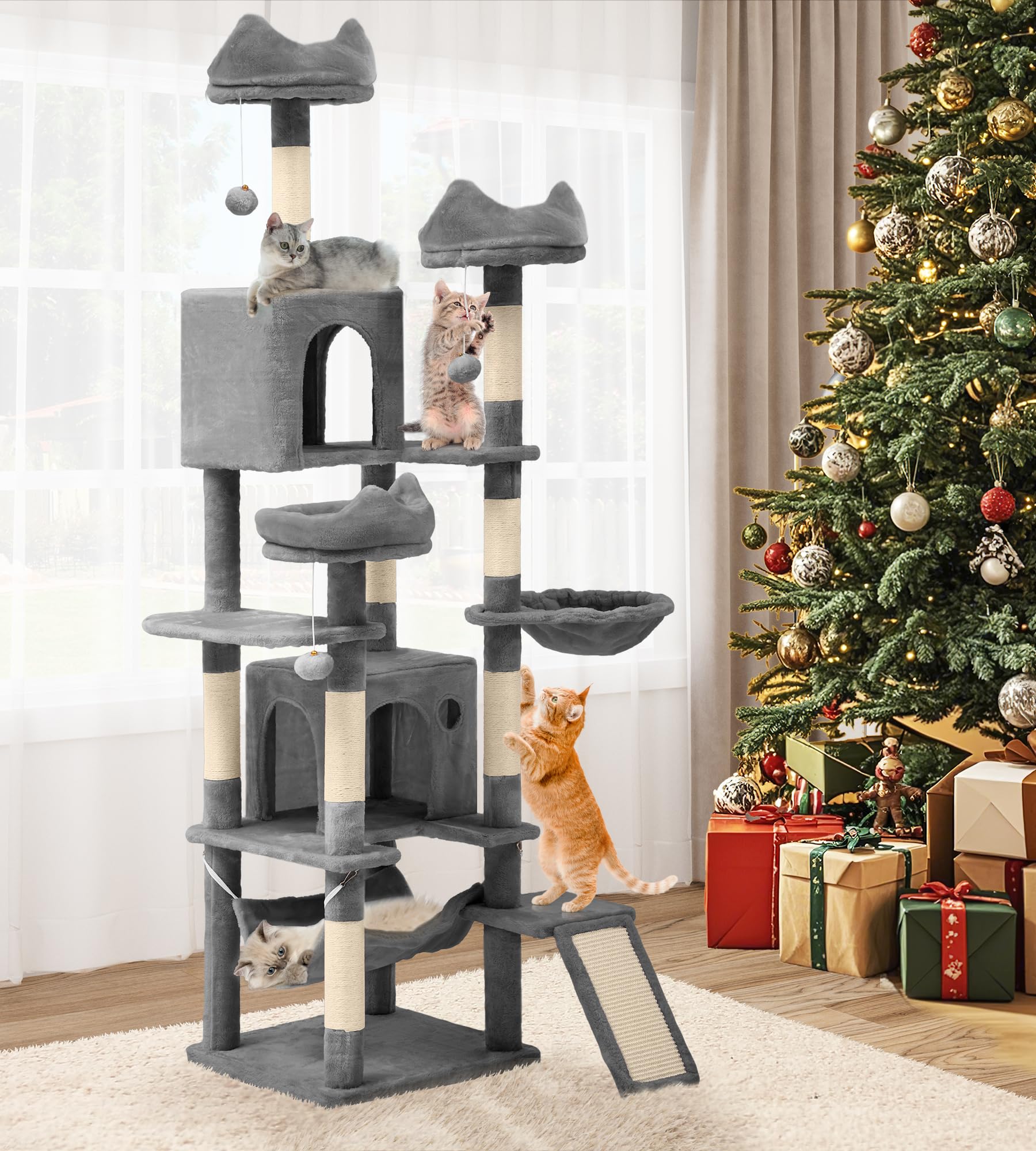 YITAHOME Tall Cat Tree for Indoor Cats, 75 inch Multi-Level Cat Tower with Cat Condos, Top Perches, Sisal Ramp Scratching Posts, Cozy Basket,Hammocks, Large Cat Pet Activity Structure,Pink: 75 inches Light Grey