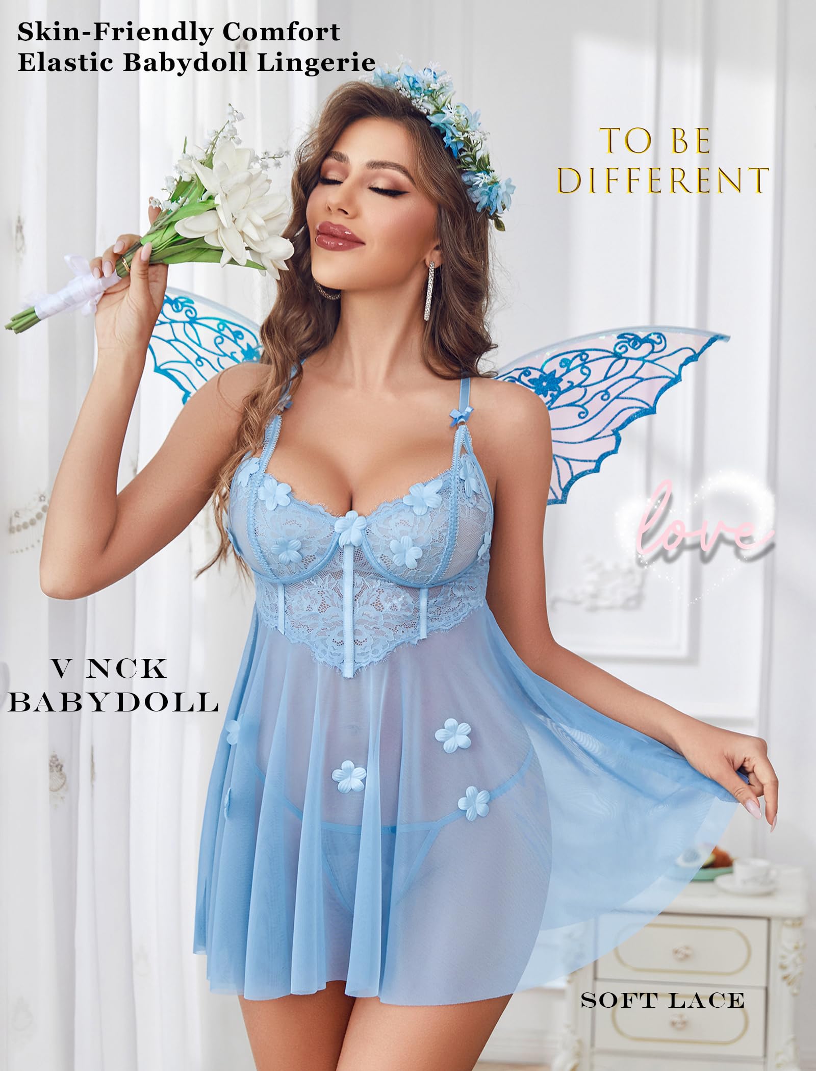 Avidlove Lace Lingerie for Woman Mesh Babydoll Lingeries Sexy Baby Doll Sleepwear Lace Chemise Boudoir Outfits S-XXL: Light Blue Medium