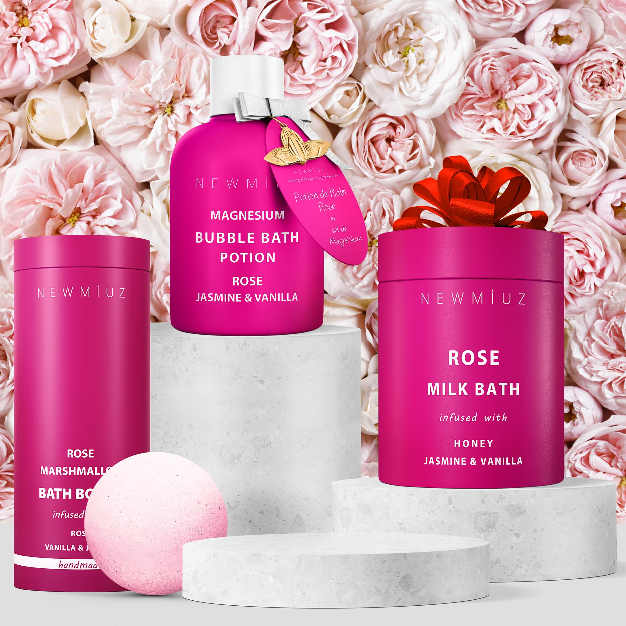 Magnesium Bubble Bath Rose Jasmine Vanilla Long Lasting Foam for Sore Muscles Epsom Salt Moisturizing Relaxing Stress Relief Spa Gift for Women: Magnesium Bubble Bath Rose Jasmine Vanilla Long Lasting Foam for Sore Muscles Epsom Salt Moisturizing Relaxing Stress Relief Spa Gift for Women