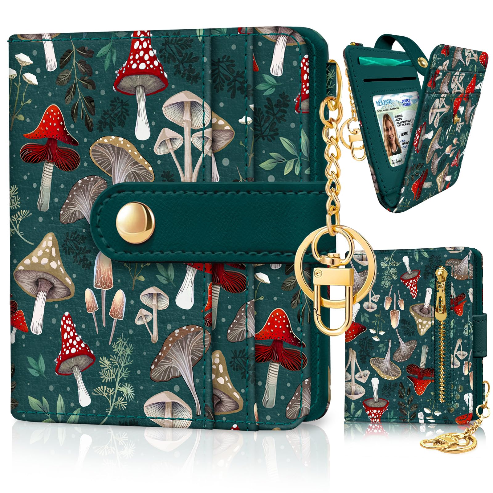 Jogjam  Rfid Ladies Wallet, Small Slim Thin Compact Credit Card Women Wallet, PU Leather Bifold Cash Zipper Coin Pocket ID Window for Female: Mushroom Green