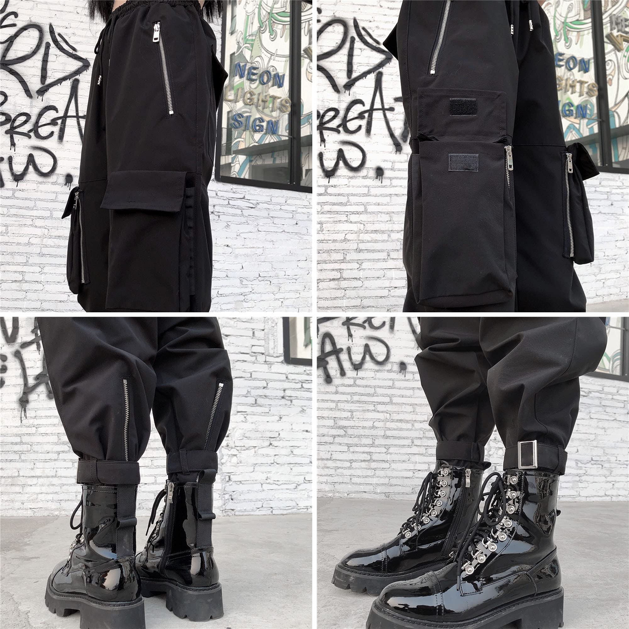 MEINVQIAOTI Black Cargo Pants Women Loose Chained Pants Multi-Pocket Multi-Zip Punk Goth Pants