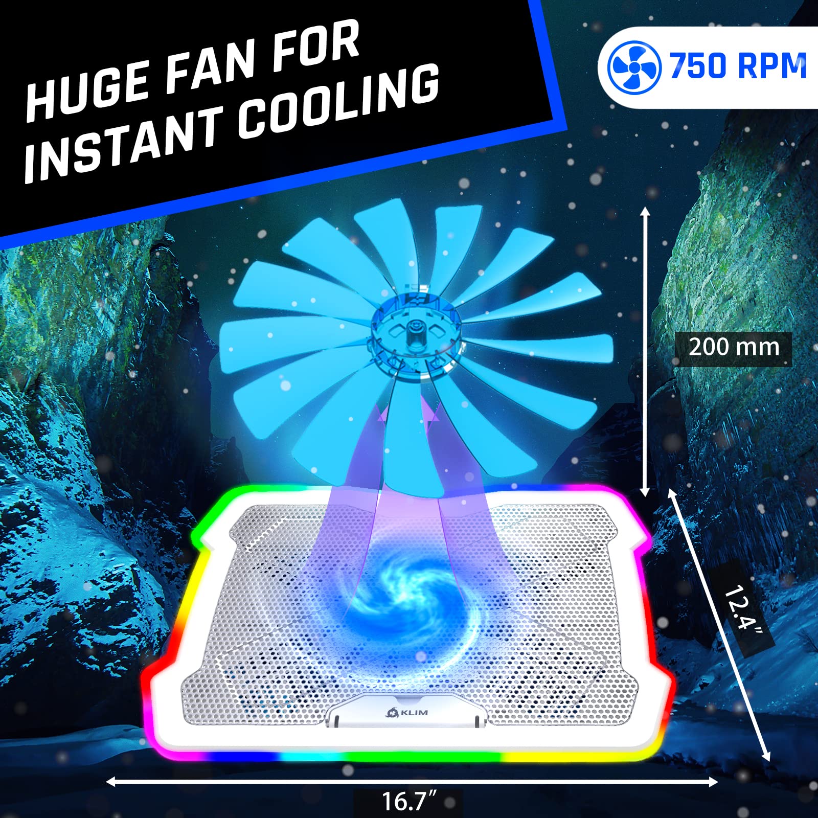 KLIM Ultimate + RGB Laptop Cooling Pad with LED Rim + New + Gaming Laptop Cooler + USB Powered Fan + Very Stable and Silent Laptop Stand + Compatible up to 17" + PC Mac PS5 PS4 Xbox One -: White