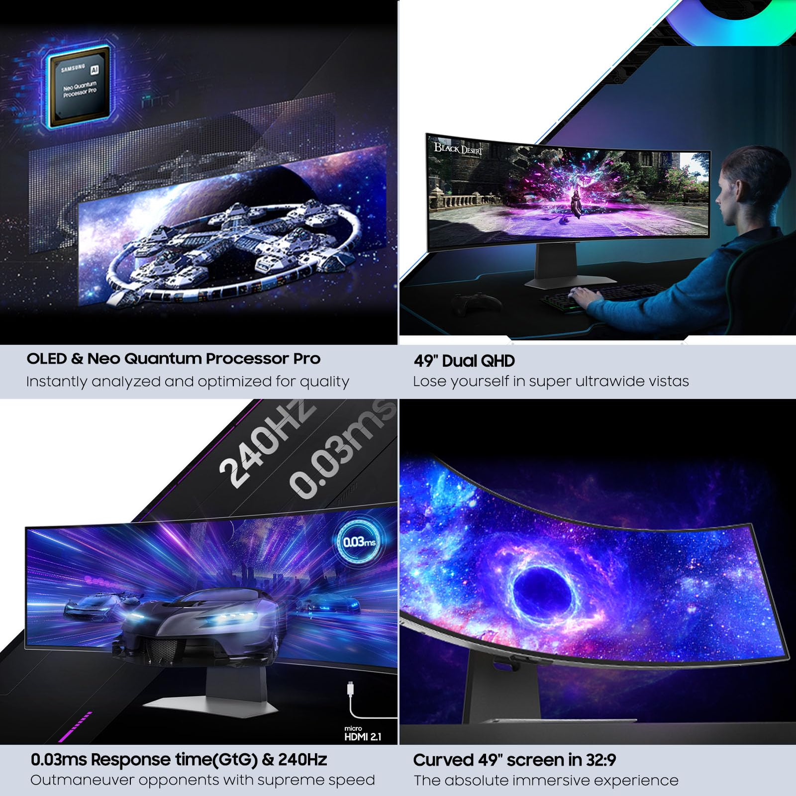 SAMSUNG 49” Odyssey G9 Series DQHD 1000R Curved Gaming Monitor, 1ms(GtG), VESA DisplayHDR 1000, 240Hz, AMD FreeSync Premium Pro, Height Adjustable Stand, Ultrawide Screen, LS49CG954ENXZA, 2024: 240Hz Refresh Rate OLED Glossy Panel Smart | DP Cable