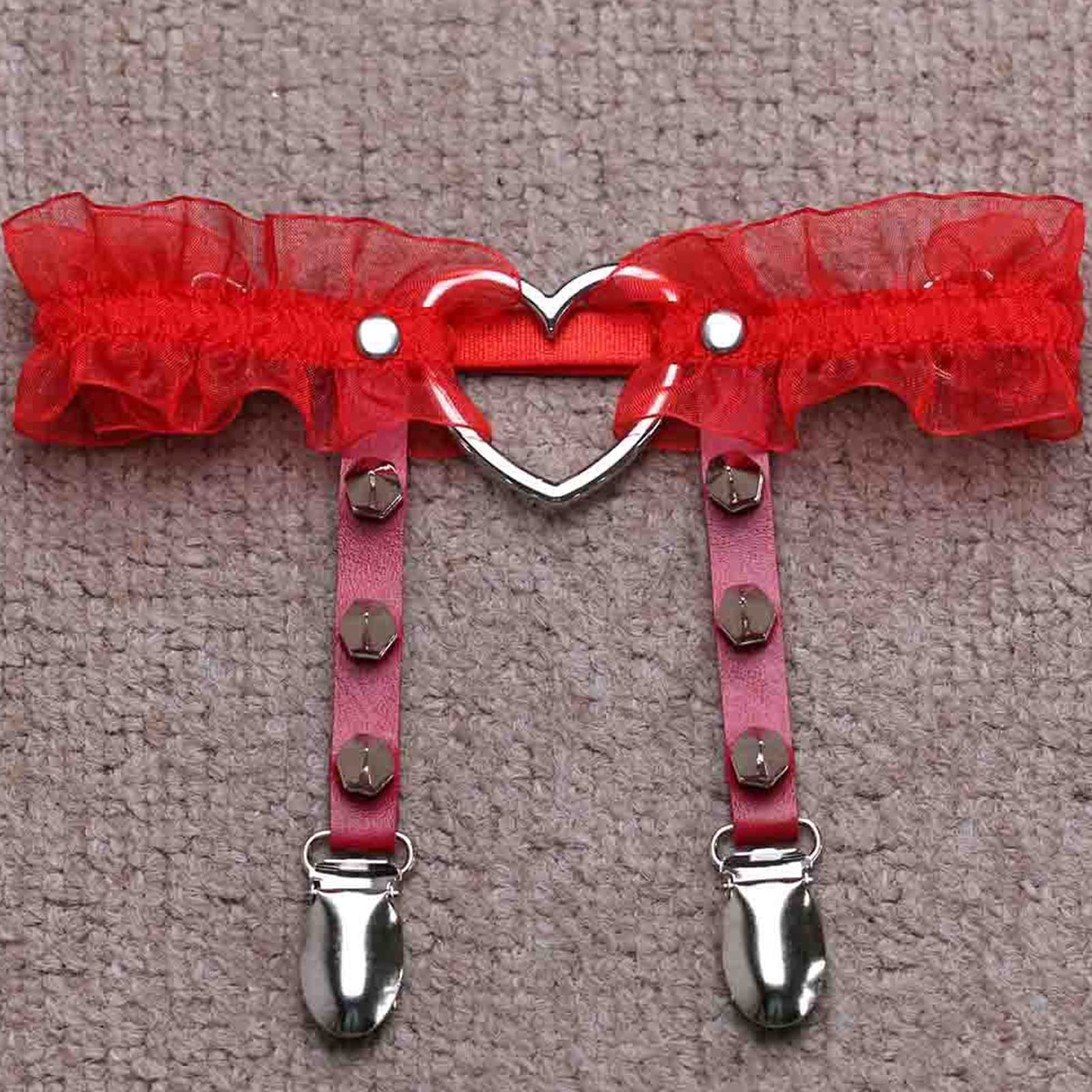 Adove Women Adjustable Leather Thigh Garter,Lace Heart Shaped Leg with Clips punk goth for thigh high socks: Red 2p Sdwd-red-2p