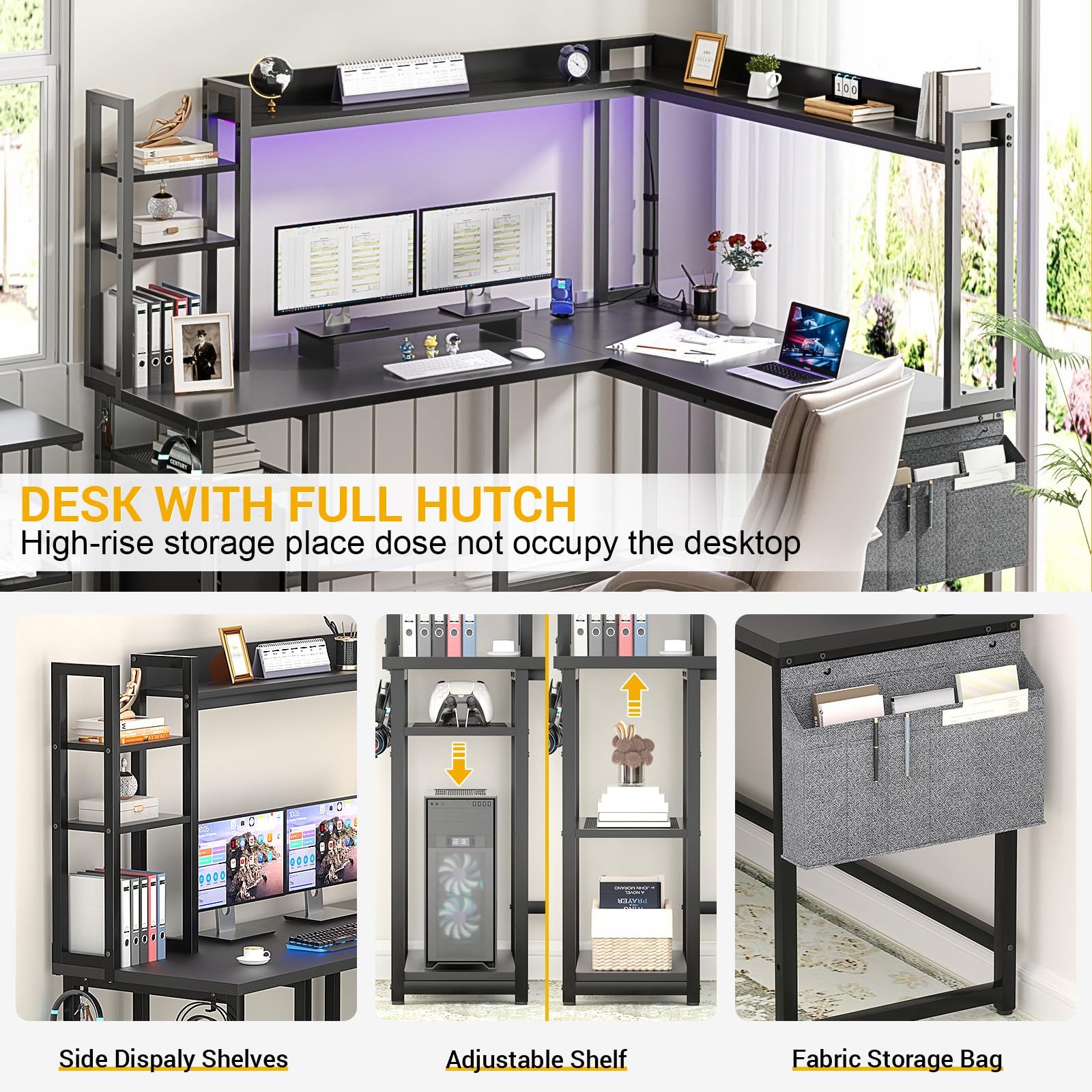 Aheaplus L Shaped Desk with Power Outlet, L Shaped Gaming Desk with Led Light & Hutch, Reversible Home Office Desk, Corner Computer Desk Writing Desk with Monitor Stand & Storage Shelves,: Black