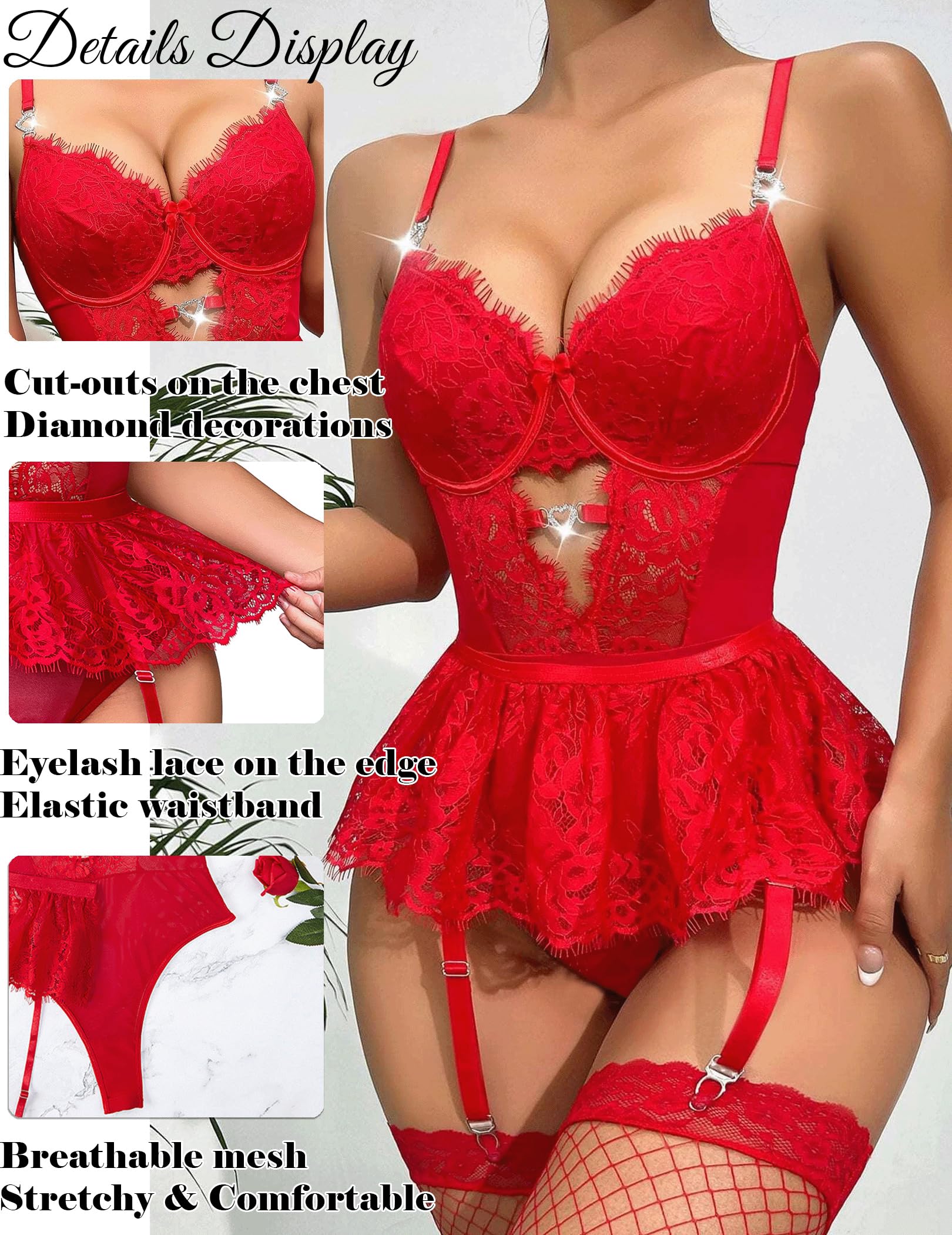 Alrovetoney Women Lingerie Set Naughty Lace Bodysuit High Waisted Underwire Lingerie Babydoll With Garter Belt and Stockings: Small Red