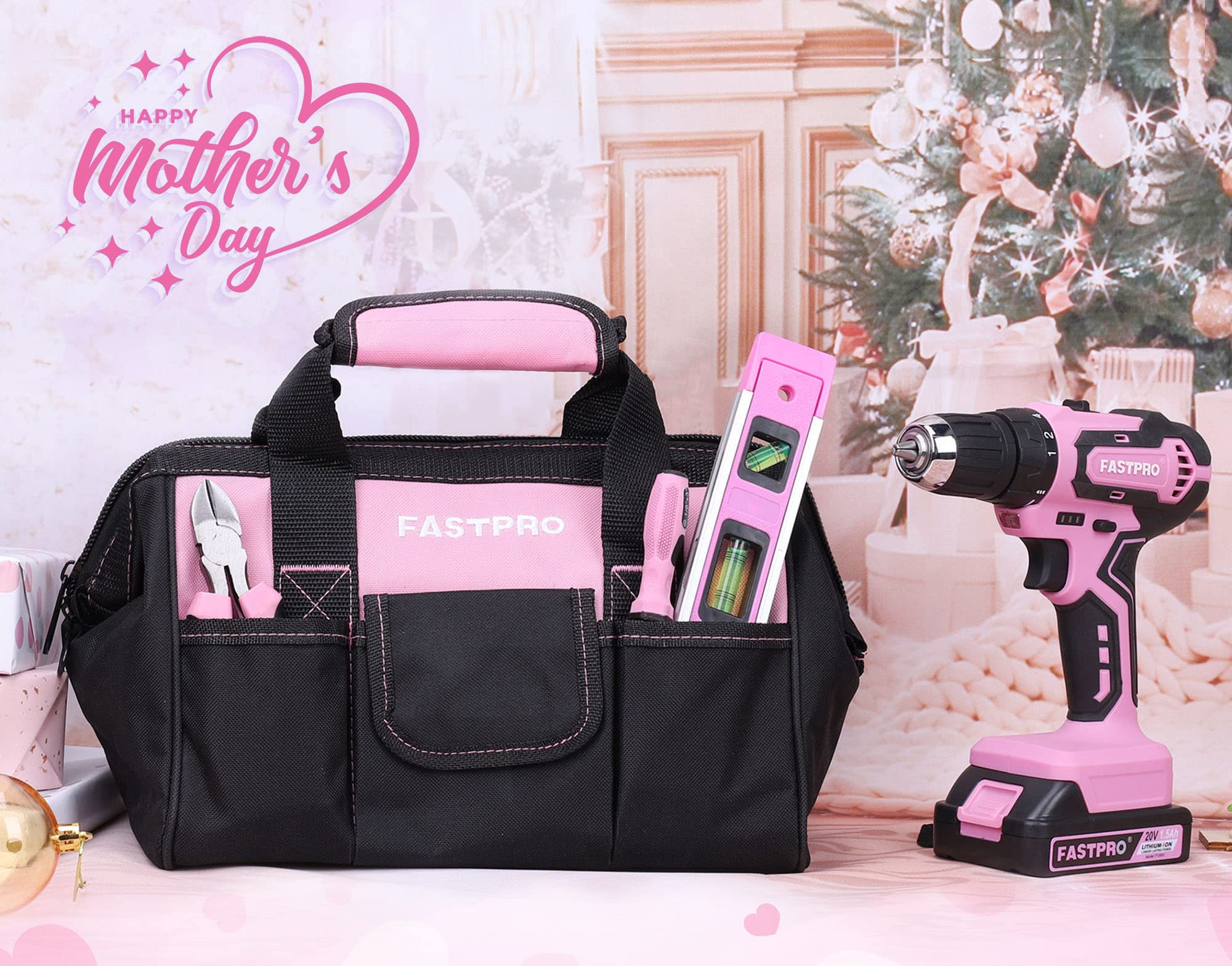 FASTPRO 232-Piece 20V Pink Cordless Lithium-ion Drill Driver and Home Tool Set, Lady's Repairing Kit with 12-Inch Wide Mouth Open Storage Bag