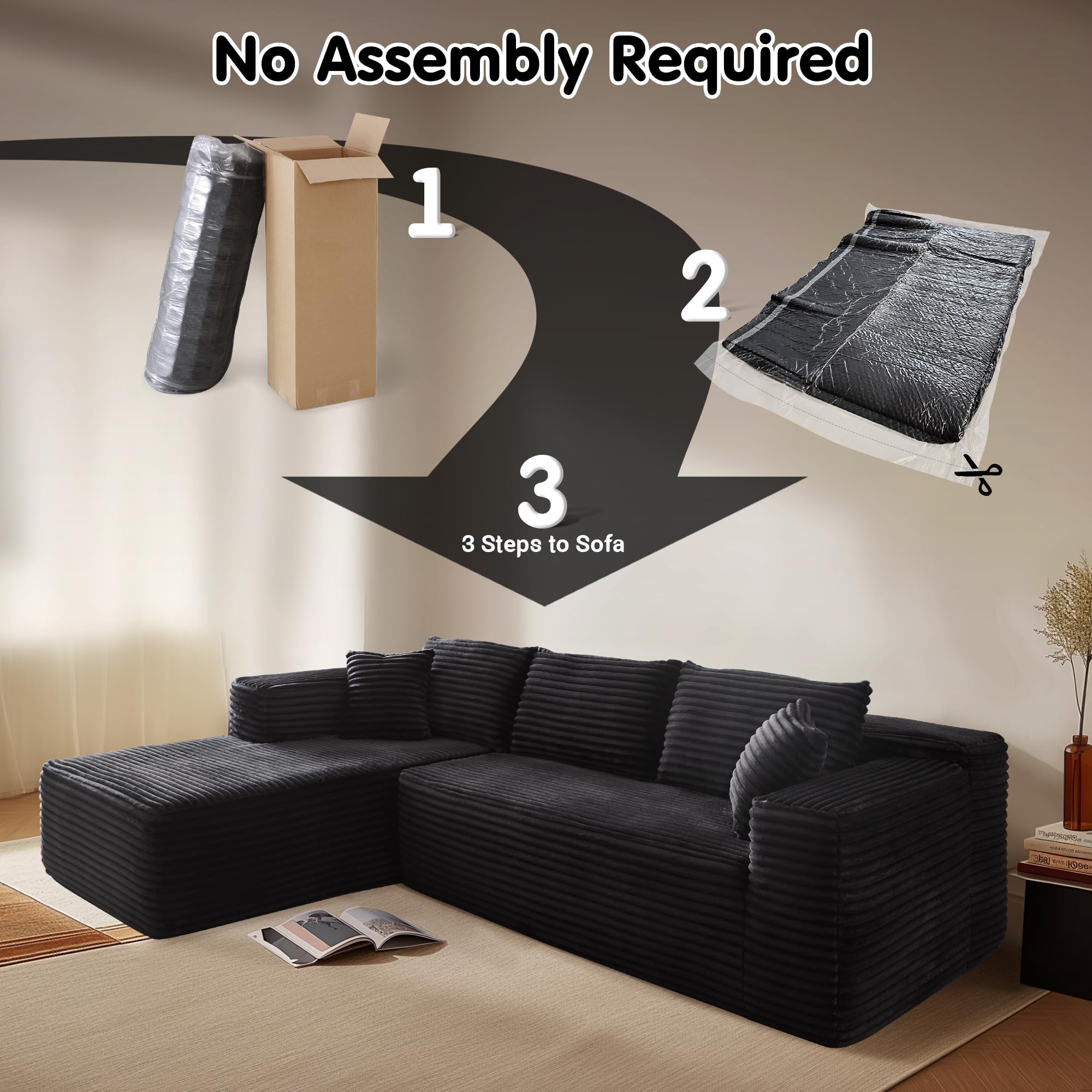 ovios 104" Cloud Sectional Couch with L-Shape Chaise,Modern Modular Sofa with Deep Seat, Upholstered Couches for Living Room Bedroom,No Assembly Required, Green (Cloud Velvet): Black (Plush Corduroy Fabric) L Shape with Left Facing Chaise