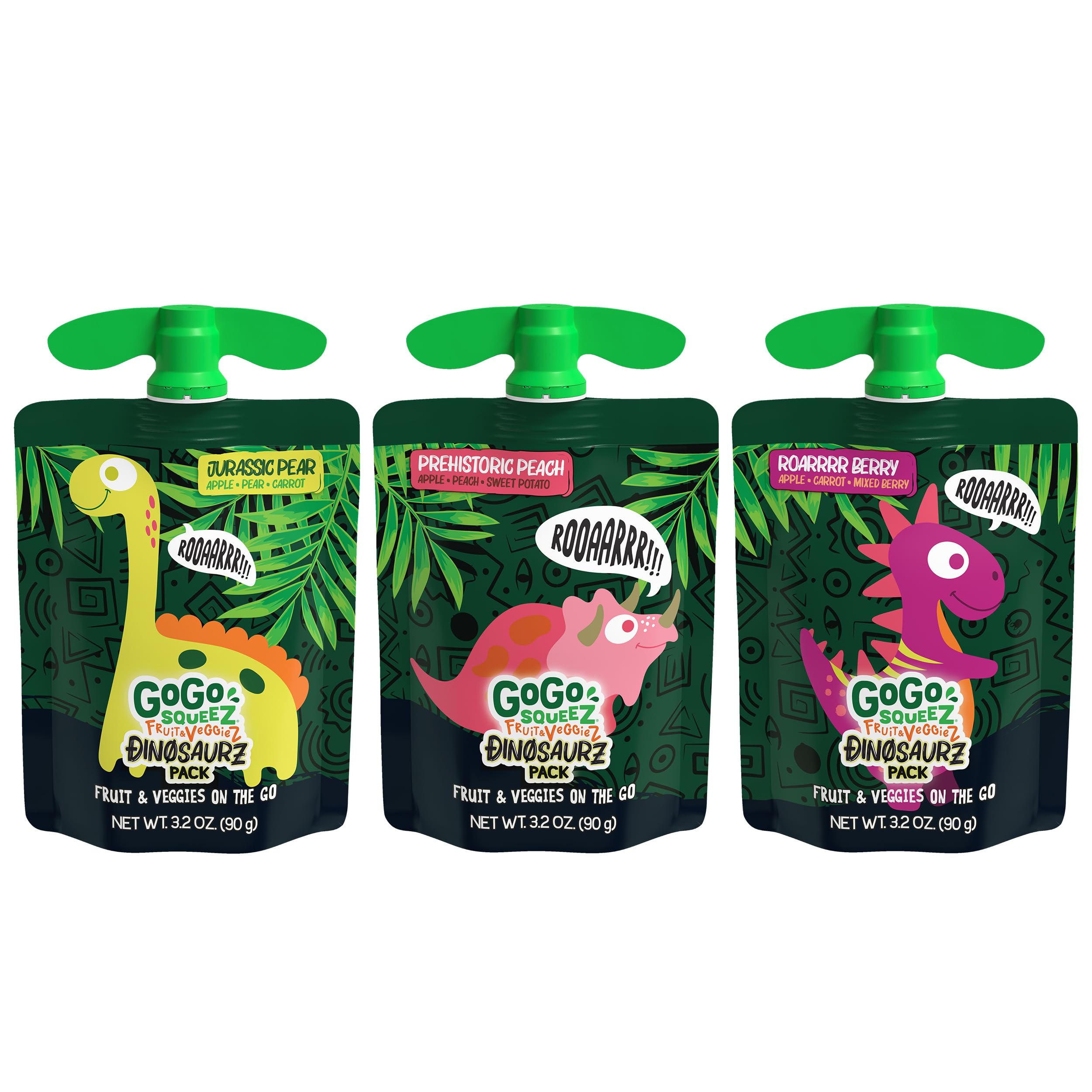 GoGo squeeZ Fruit & veggieZ Applesauce and Puree Variety Pack, Jurassic Pear, Roarrrr Berry & Prehistoric Peach, 3.2 oz (Pack of 20), Unsweetened Snacks for Kids, BPA Free Pouches: Dino Variety Pack