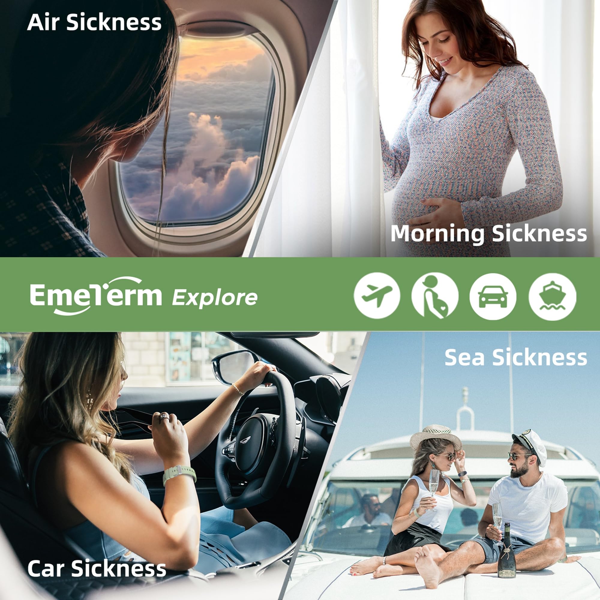 EmeTerm Explore  Anti-Nausea Wristband IP67 Waterproof Morning Motion Travel Sickness Vomit Relief Rechargeable Classic Strap Design No Gel Drug Free Without Side Effects: Mint Green
