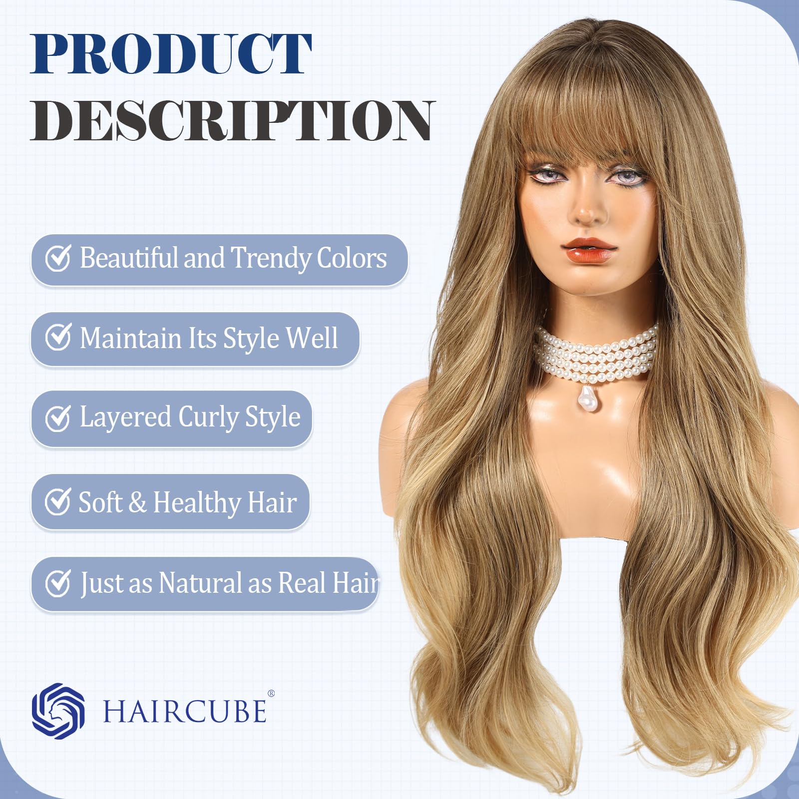 HAIRCUBE Long  Wig with Bangs Layered Curly Orange Wigs for Women Natural Synthetic Wigs for Daily Use (pelucas de cabello natural): Ash Blonde