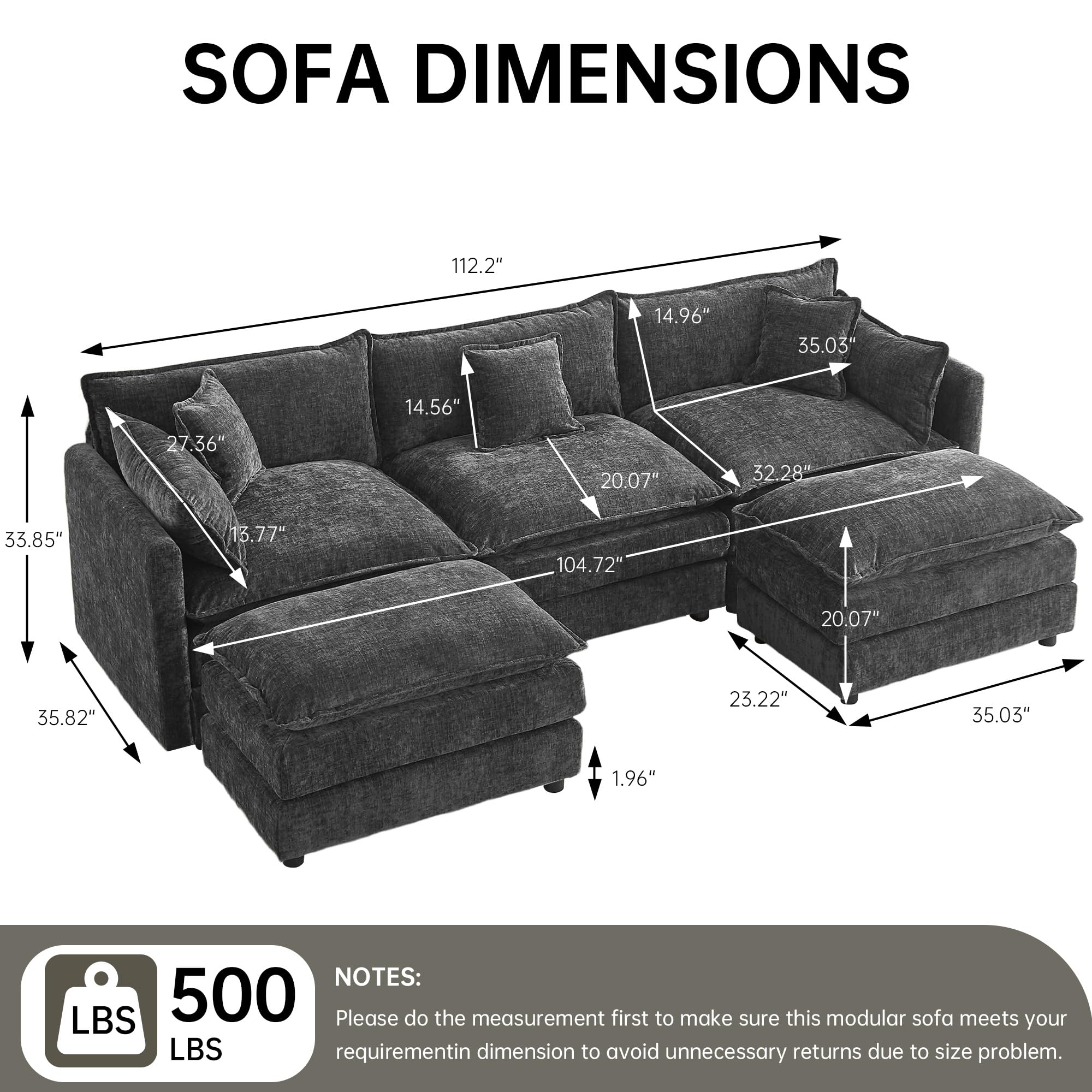 saows Modular Sectional Sofa, 112.2 Inch U Shaped Couch Set with Armrests, 3-Seater Comfy Cloud Couches with Movable Ottoman for Living Room Apartment, Grey: 112&apos;&apos; - U Shape Grey