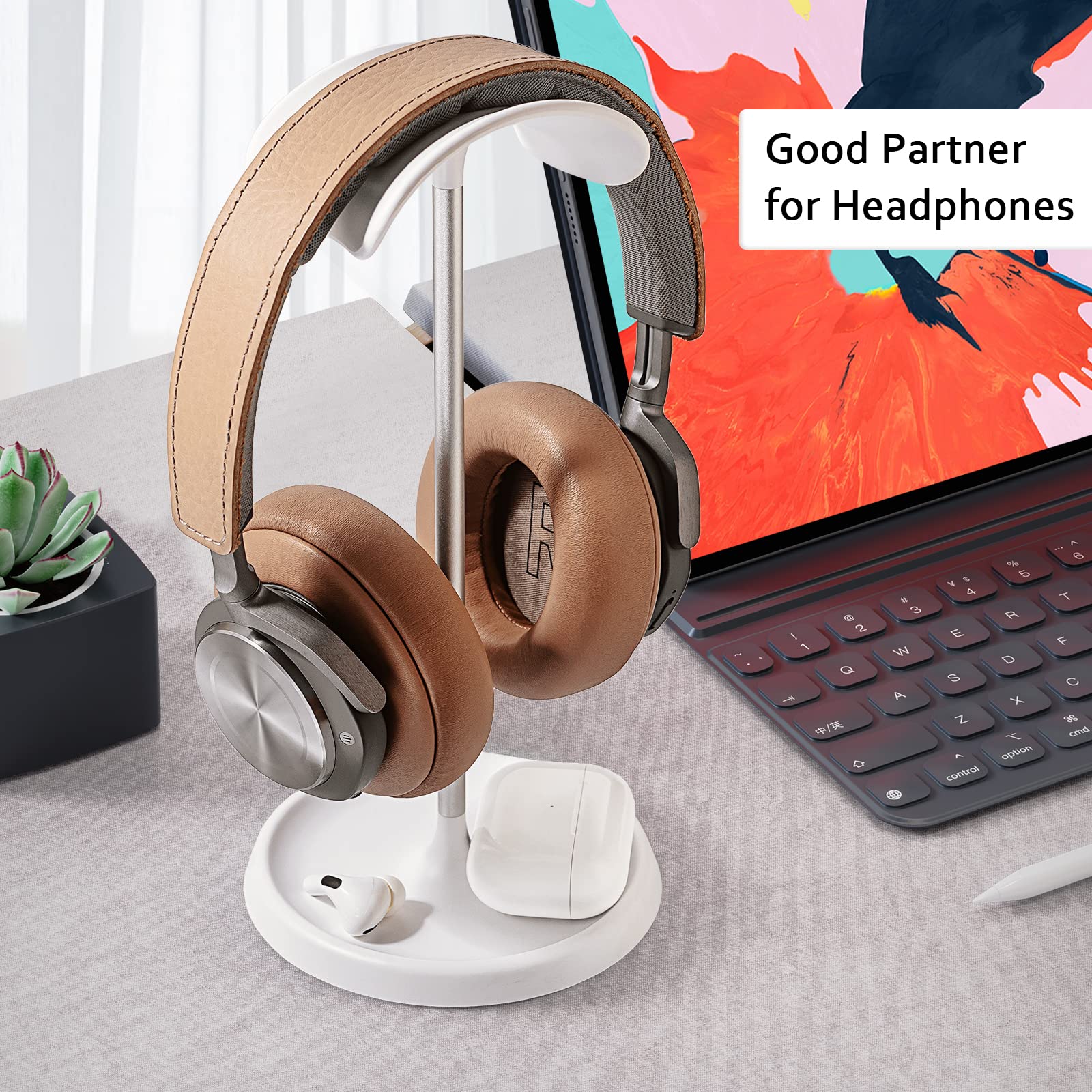 Headphone Stand, Curved Headset Stand with Storage Tray, Heavy Base Gaming Headset Holder for AirPods Max, AirPods, AirPods Pro, Beats, Bose, Sennheiser, Sony and More (): White